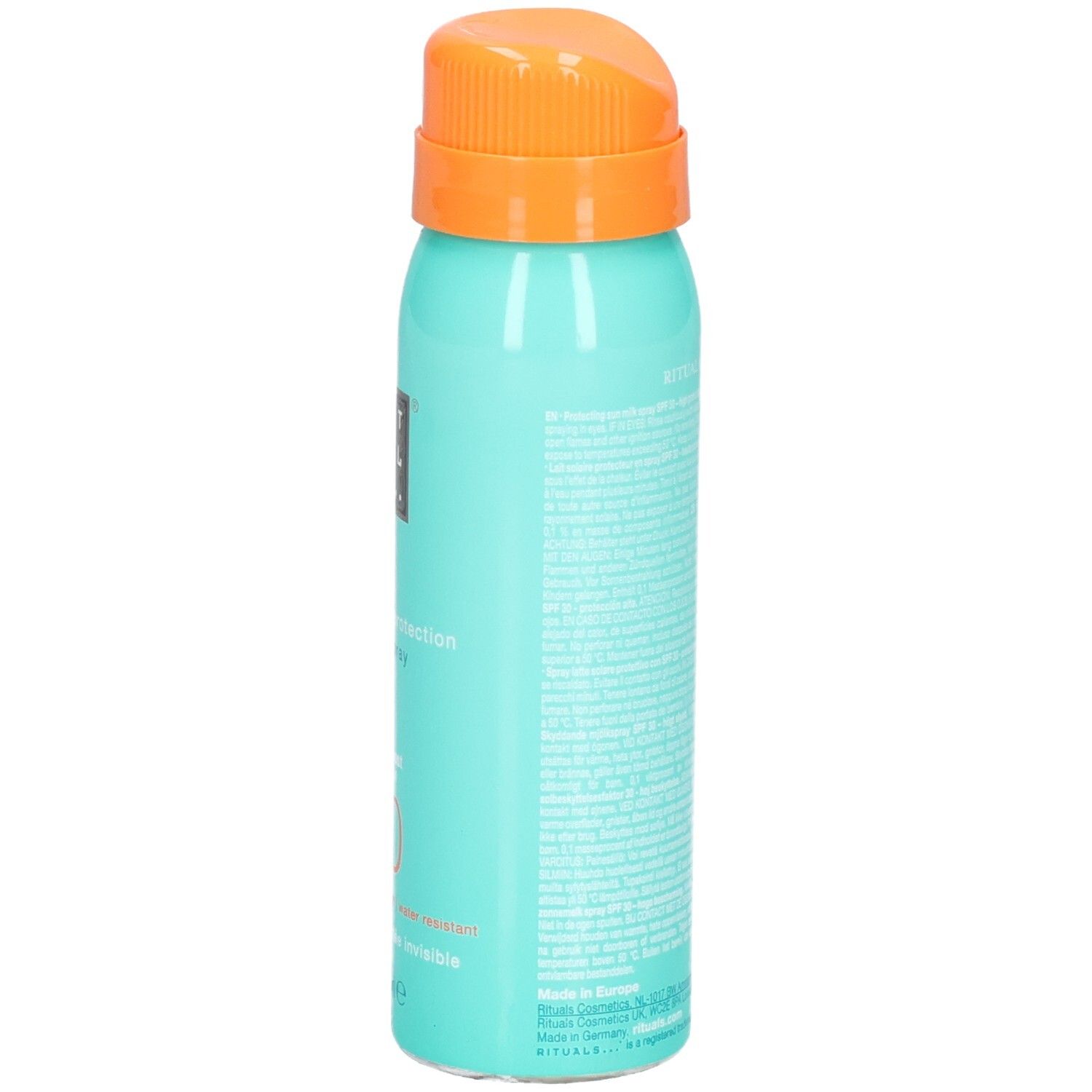 Achterkant van het RITUALS zonnebrandspray SPF 30 blikje met tekst en zegels.
