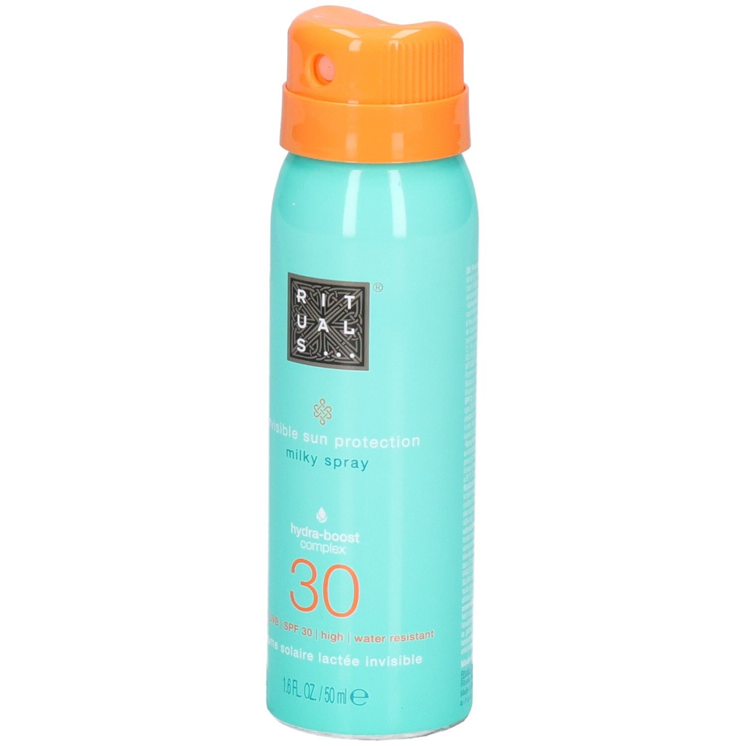 RITUALS zonnebrandspray SPF 30, mintgroen blikje met oranje spuitkop.