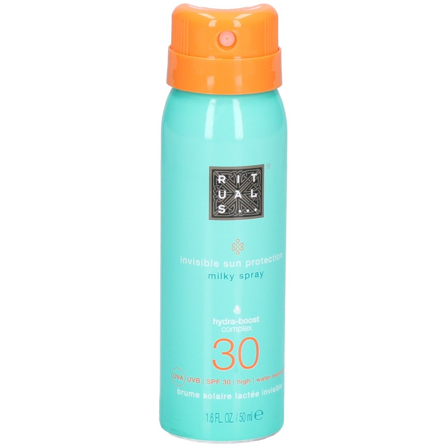 RITUALS zonnebrandspray SPF 30, mintgroen blikje met oranje spuitkop.