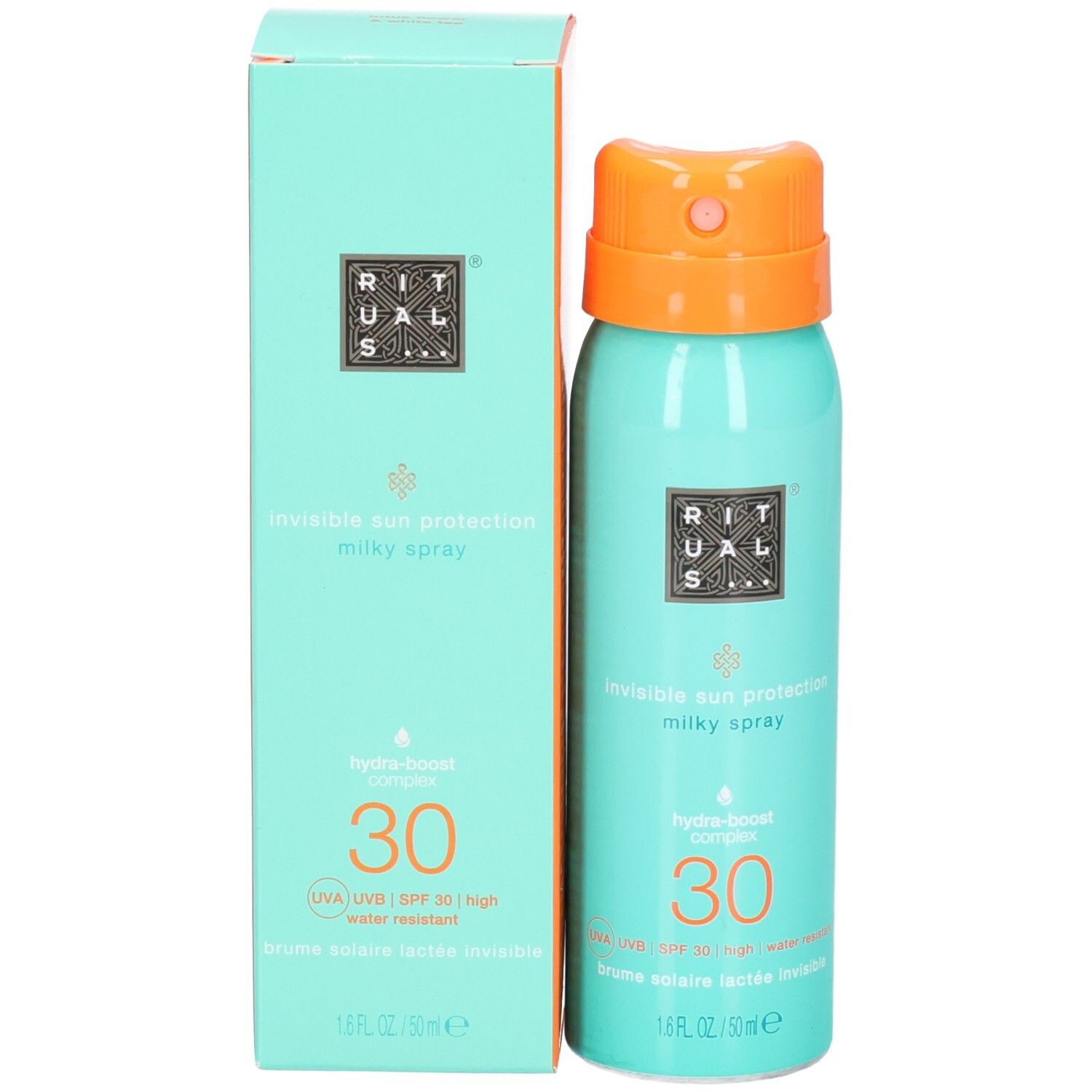 RITUALS zonnebrandspray SPF 30 naast de mintgroene verpakking.