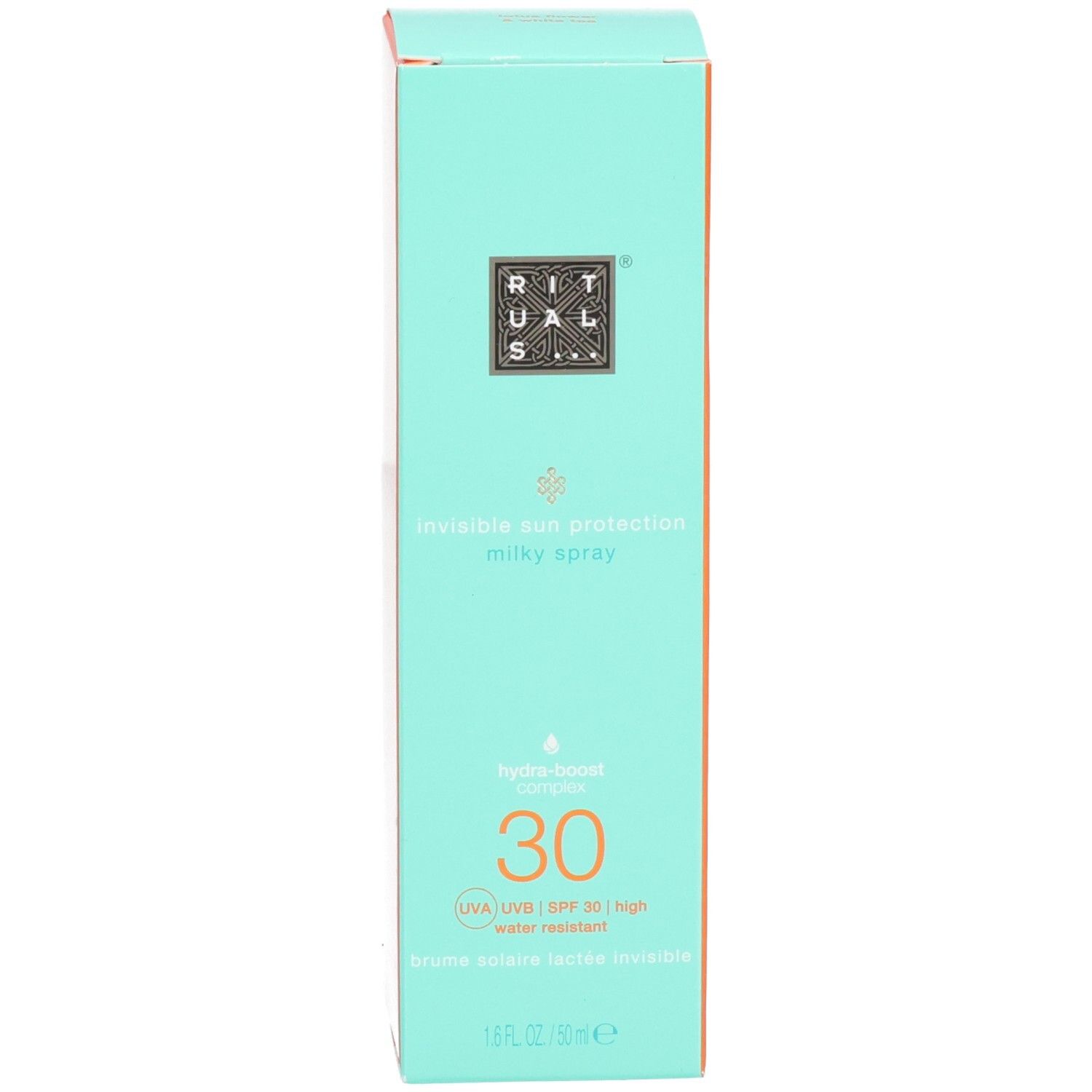 Mintgroene verpakking voor RITUALS zonnebrandspray SPF 30.