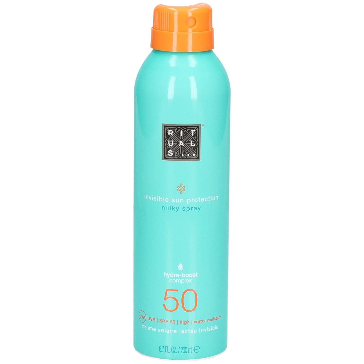 Aérosol turquoise de spray solaire, SPF 50, bouchon orange.