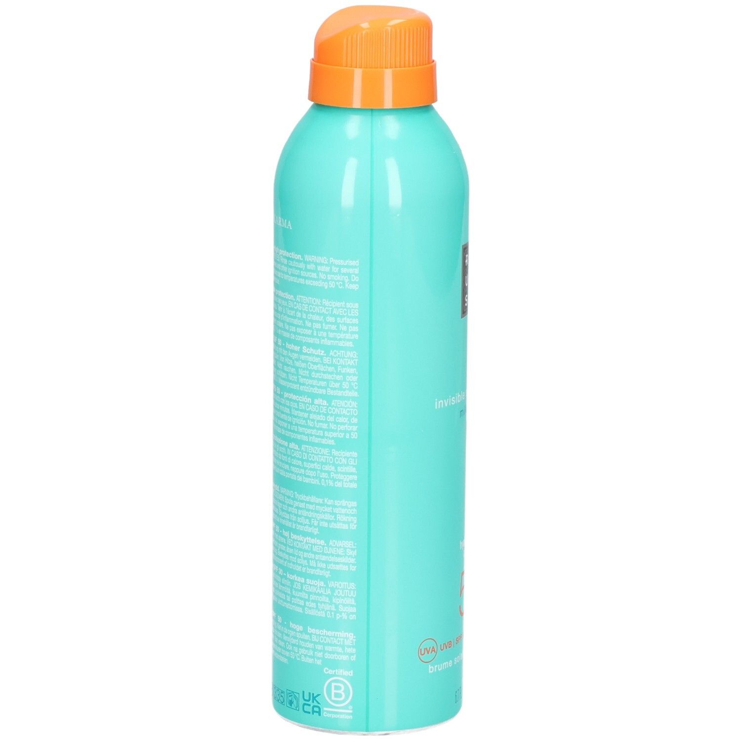 Arrière d'un aérosol turquoise de spray solaire, SPF 50, avec informations textuelles.