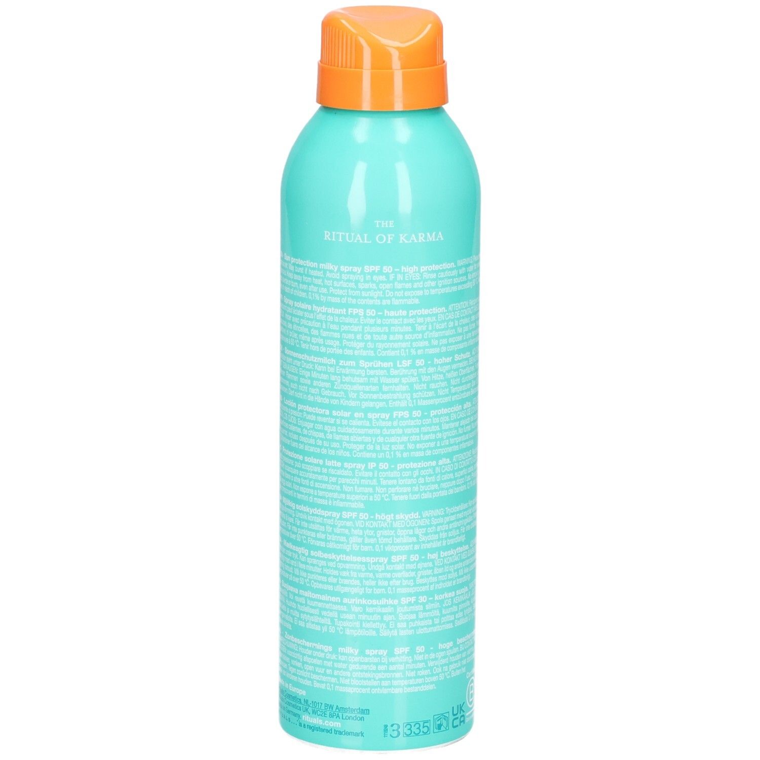 Arrière d'un aérosol turquoise de spray solaire, SPF 50, avec informations textuelles détaillées.