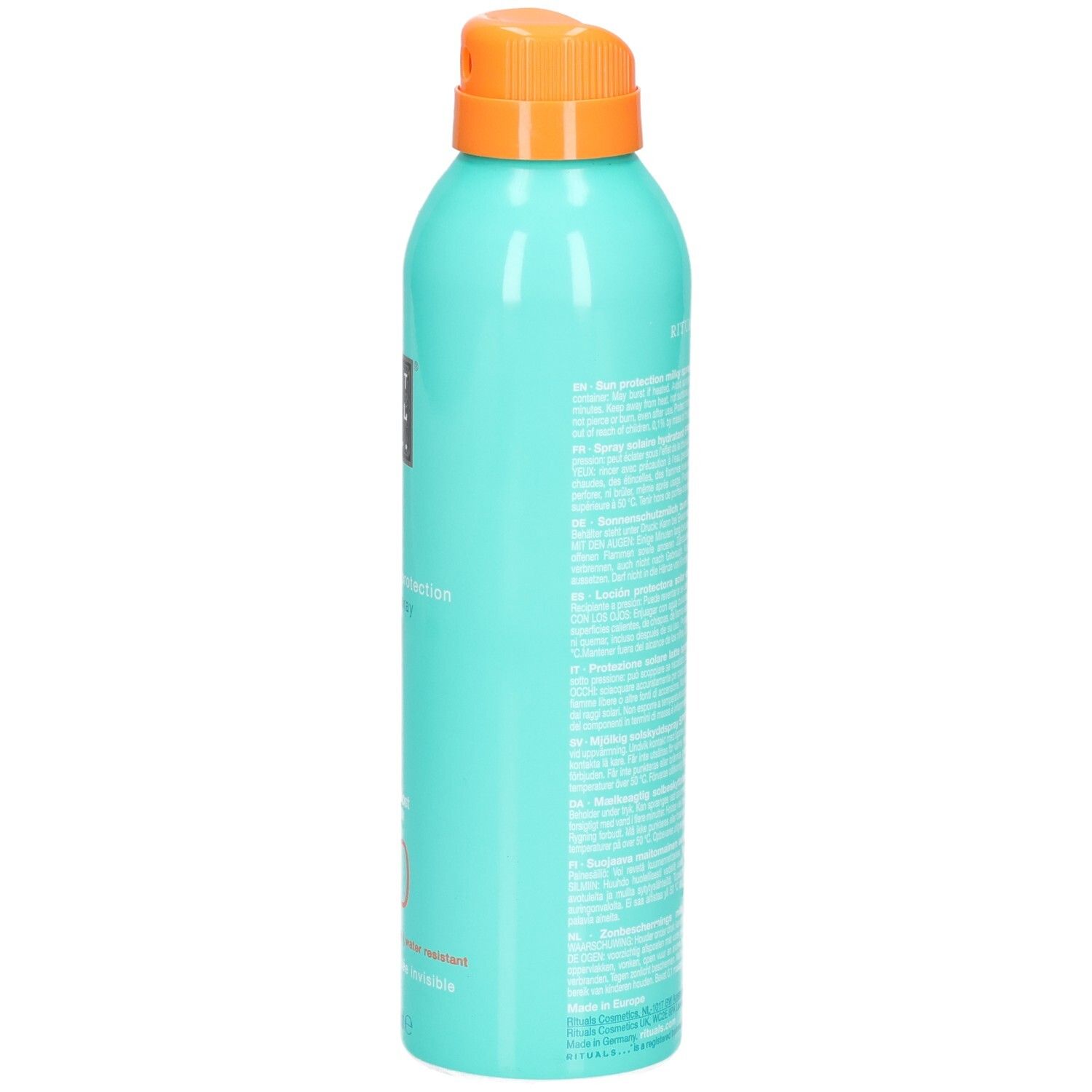 Vue latérale d'un aérosol turquoise de spray solaire, SPF 50, bouchon orange.