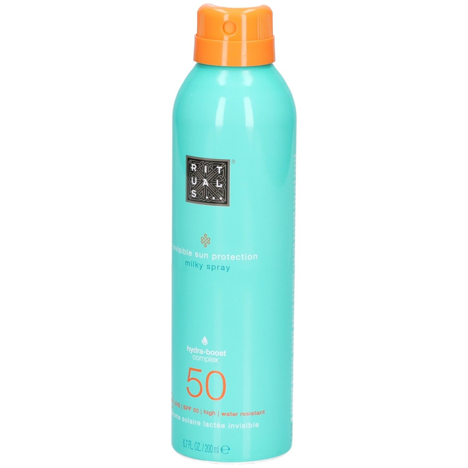 Aérosol turquoise de spray solaire, SPF 50, bouchon orange, logo et texte.