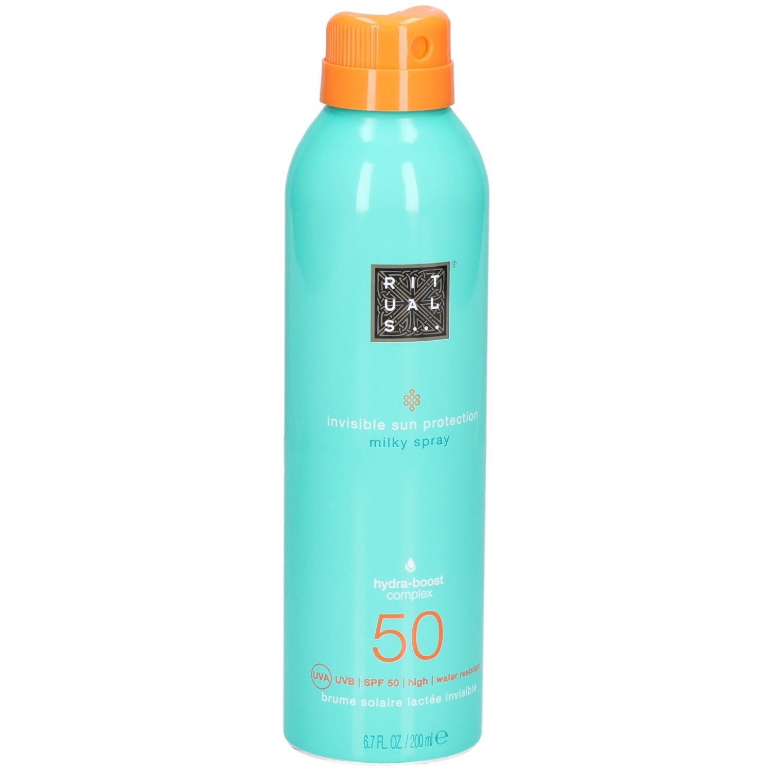 Aérosol turquoise de spray solaire, SPF 50, bouchon orange, logo et texte.