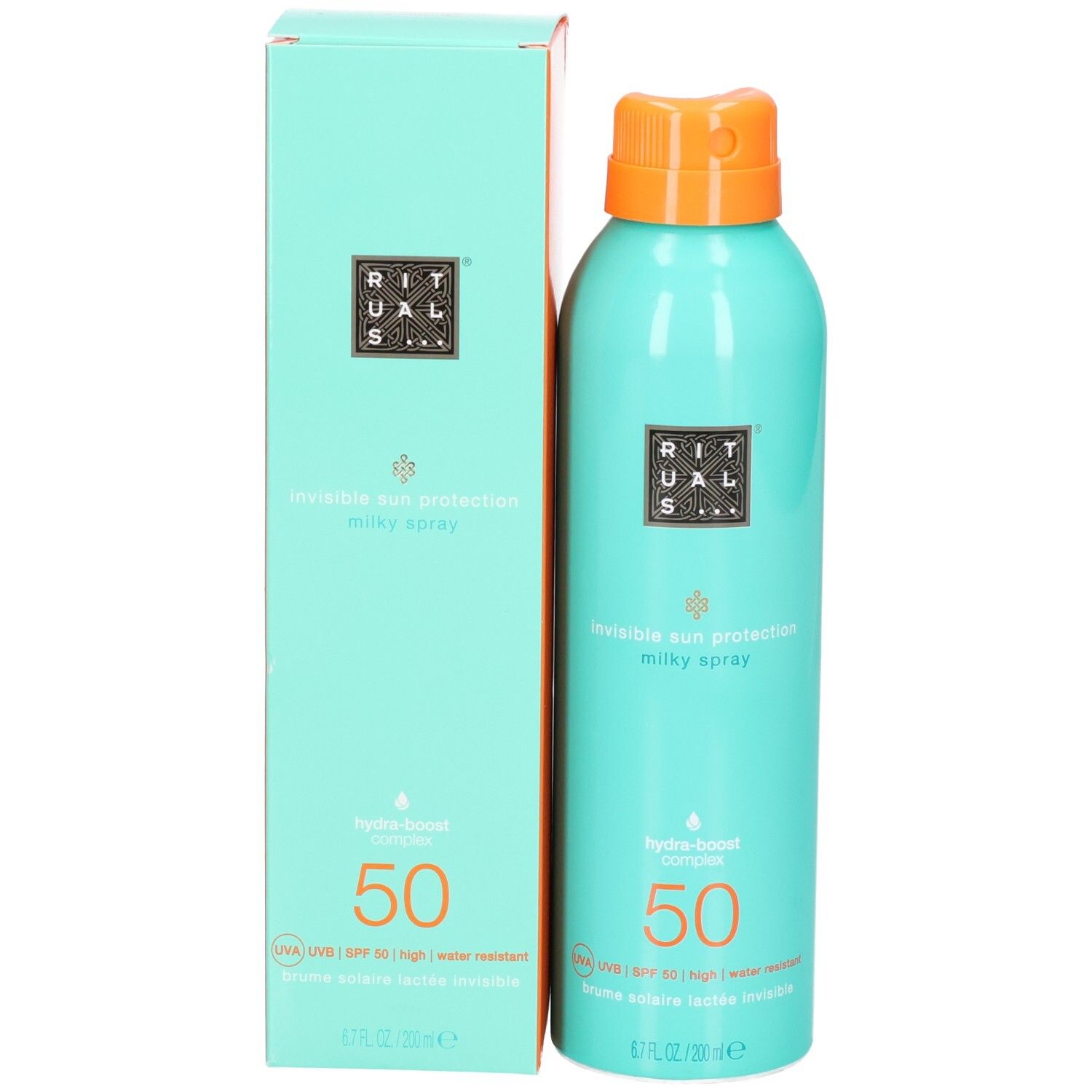 Aérosol turquoise de spray solaire, SPF 50, à côté de son emballage rectangulaire assorti.