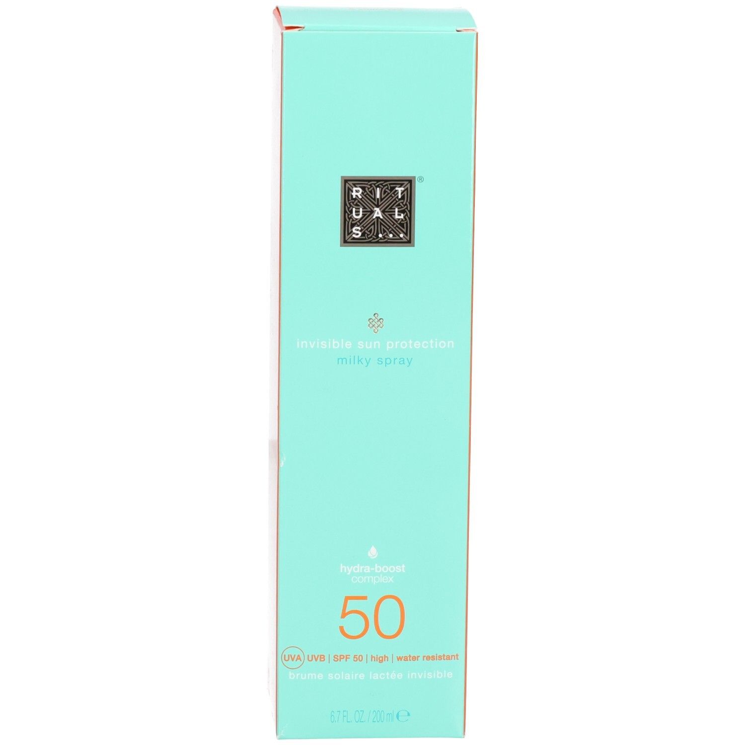 Emballage rectangulaire turquoise pour spray solaire, SPF 50, avec logo et texte.