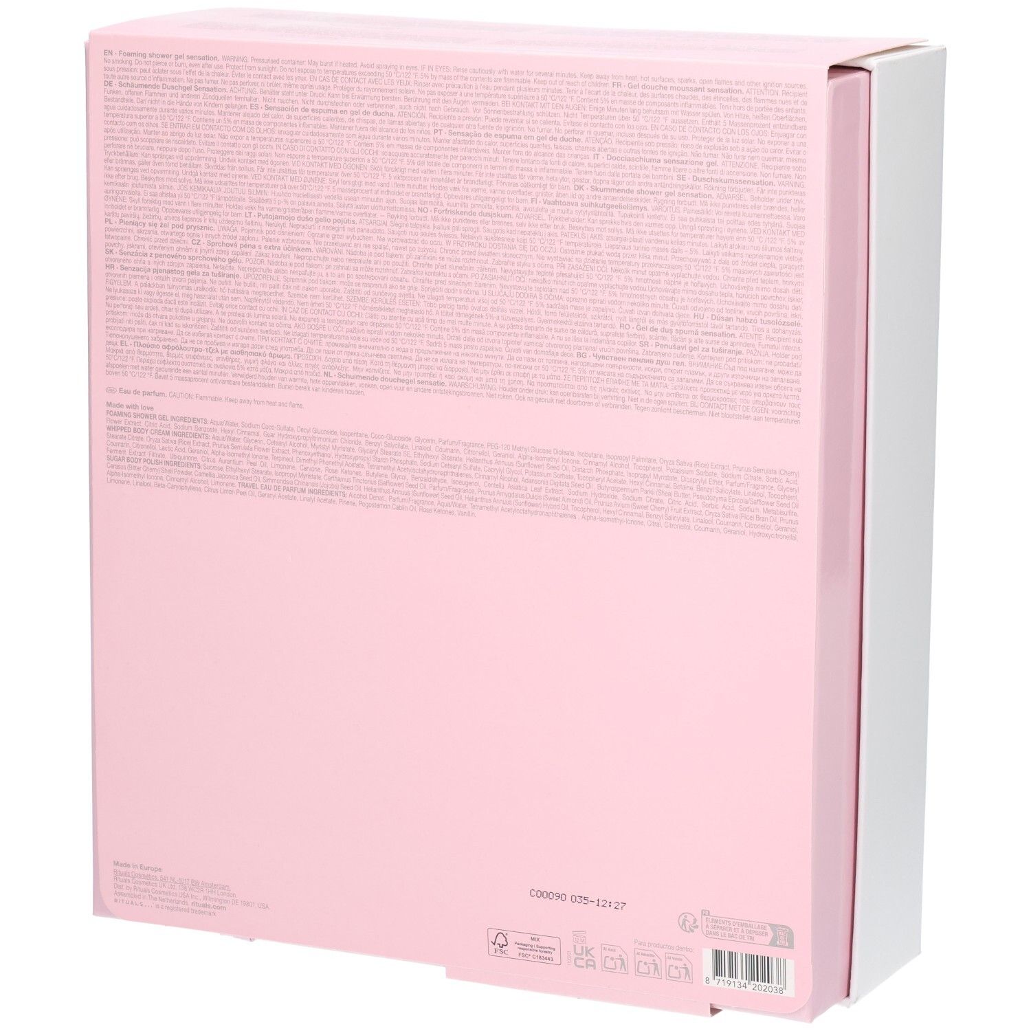 Achterkant van de RITUALS The Ritual of Sakura cadeauverpakking met productinformatie.