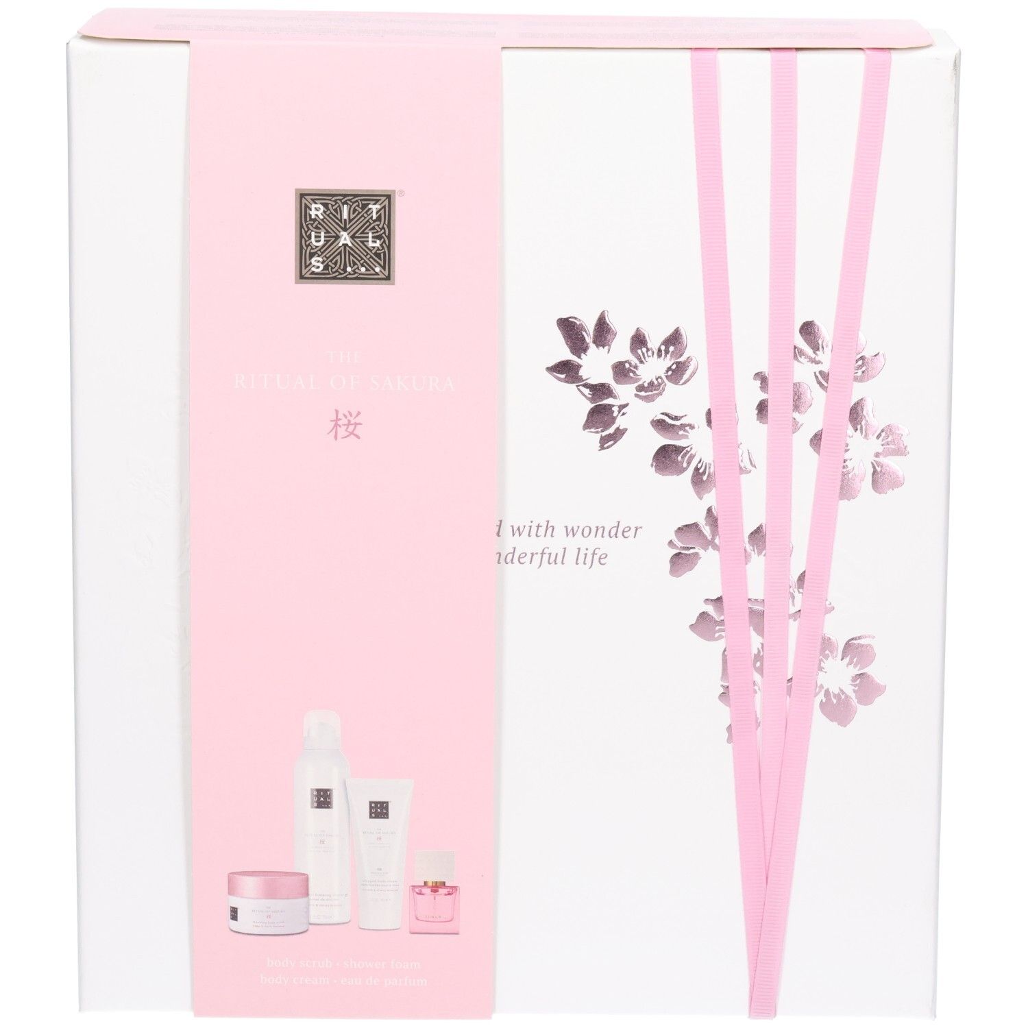 Voorkant van de RITUALS The Ritual of Sakura cadeauverpakking met productafbeeldingen.