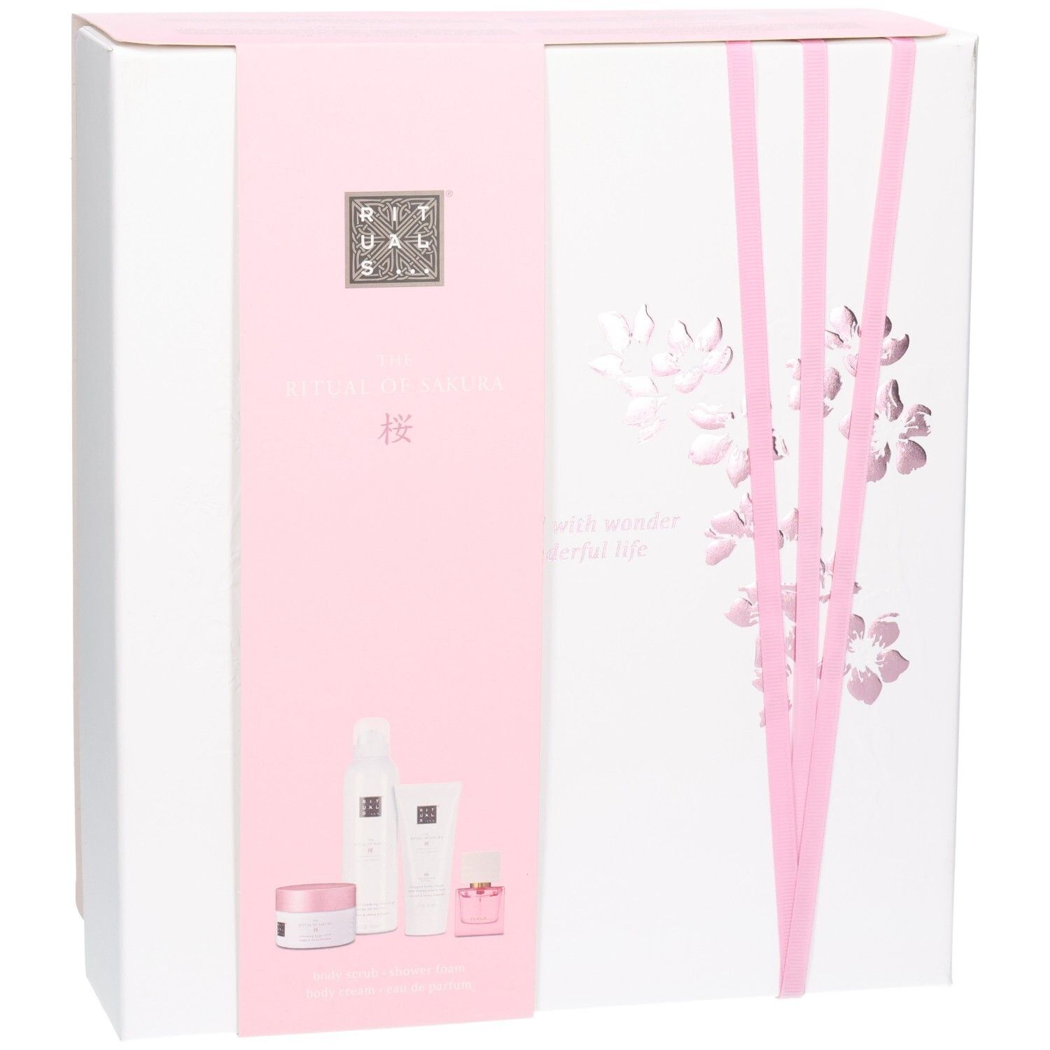 Voorkant van de RITUALS The Ritual of Sakura cadeauverpakking met productafbeeldingen.