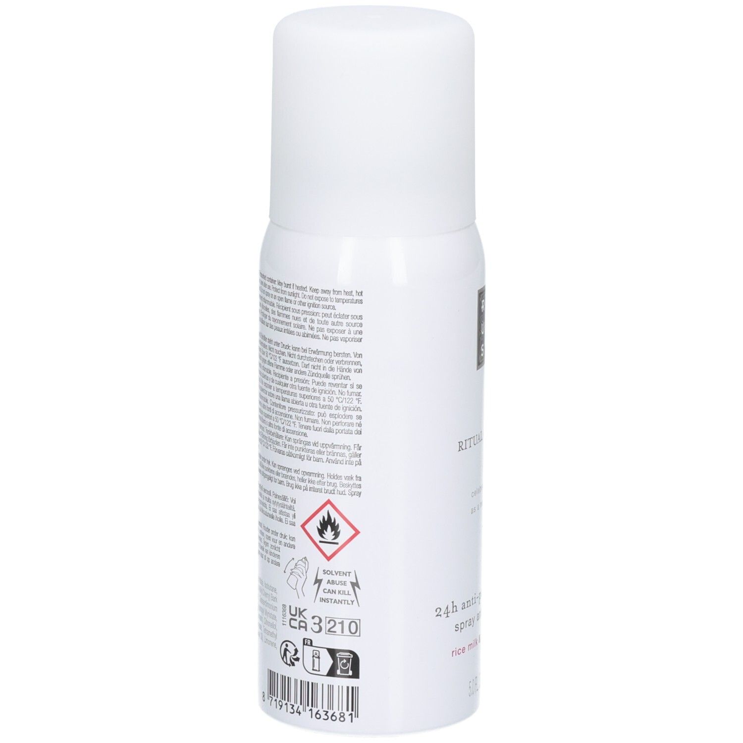 Achterkant van de RITUALS The Ritual of Sakura Anti-Transpirant Spray met waarschuwingen.