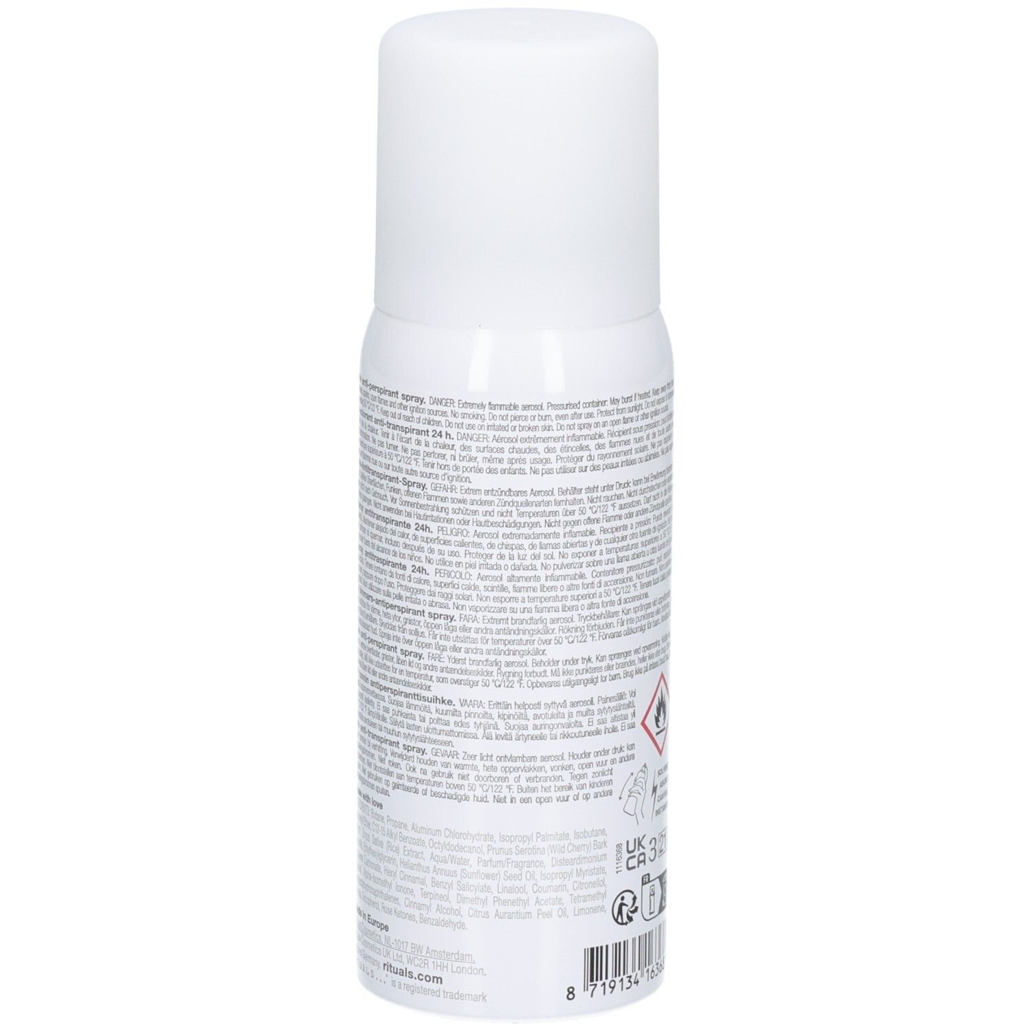 Achterkant van de RITUALS The Ritual of Sakura Anti-Transpirant Spray met productinformatie.