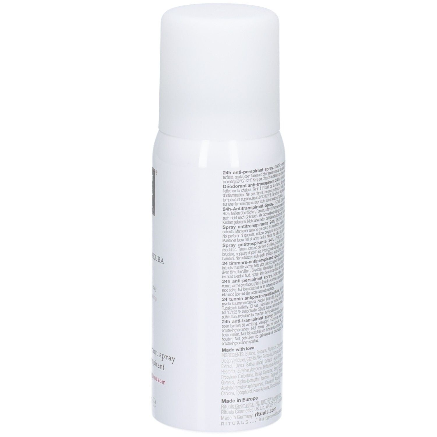 Achterkant van de RITUALS The Ritual of Sakura Anti-Transpirant Spray met productinformatie.