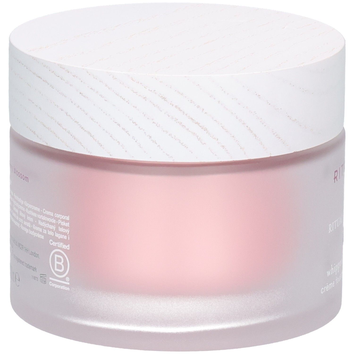 Achterkant van de RITUALS The Ritual of Sakura Whipped Body Cream pot met B Corp certificering.