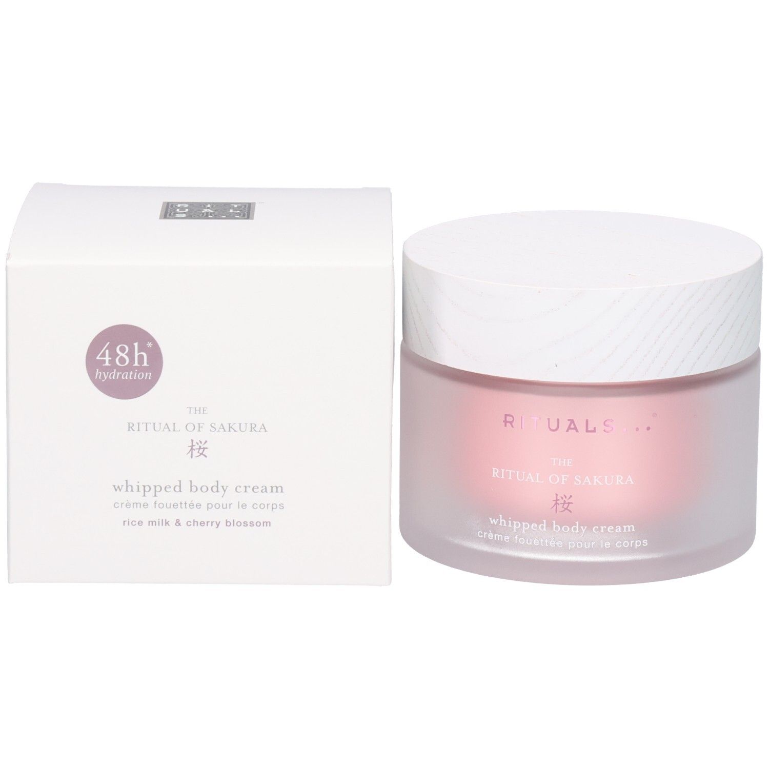 RITUALS The Ritual of Sakura Body Cream en verpakking met 48 uur hydratatie vermelding.