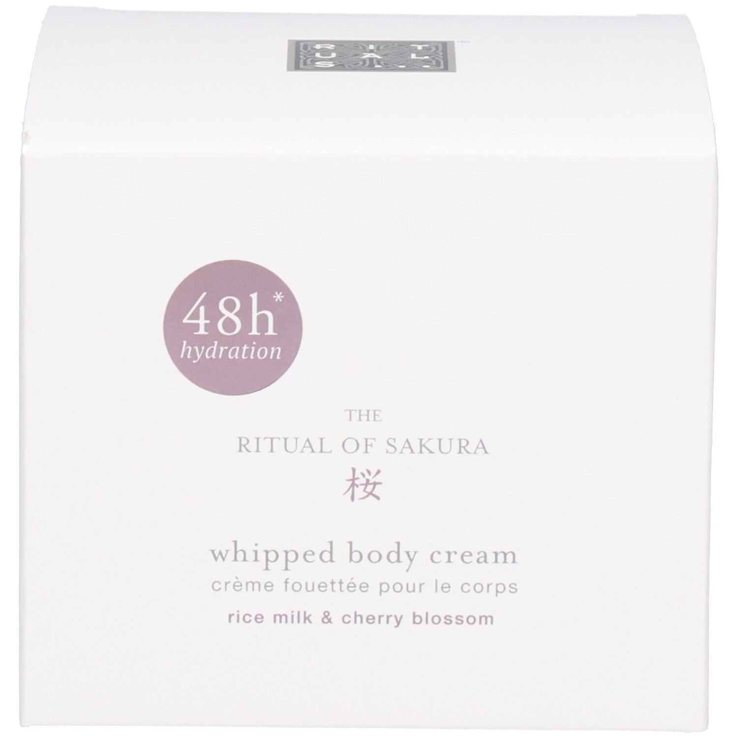 Verpakking RITUALS The Ritual of Sakura Whipped Body Cream met 48 uur hydratatie vermelding.