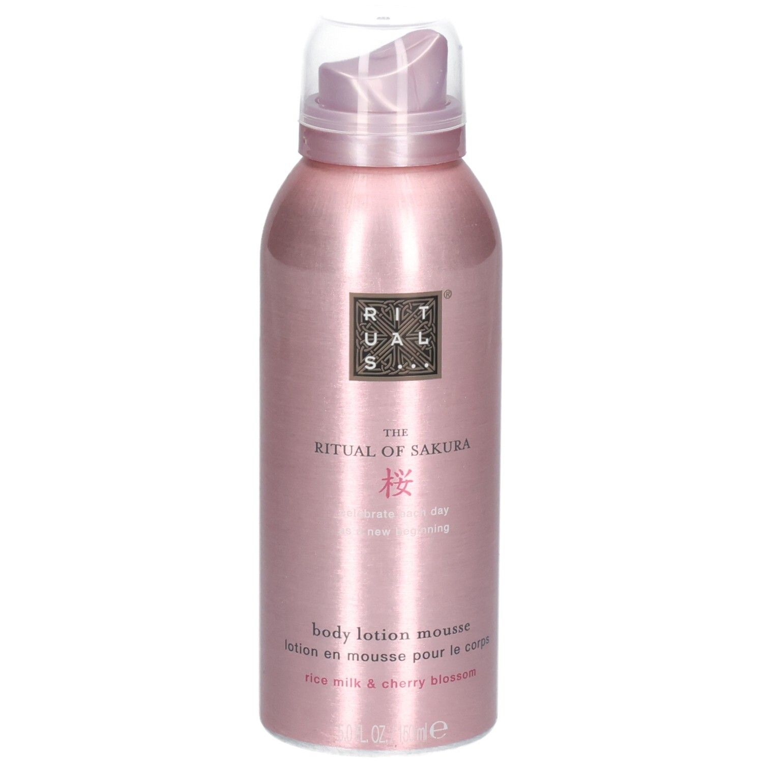 Rituals Sakura Body Lotion Mousse in roze metallic spuitbus met pompje. Geur: rijstmelk & kersenbloesem.
