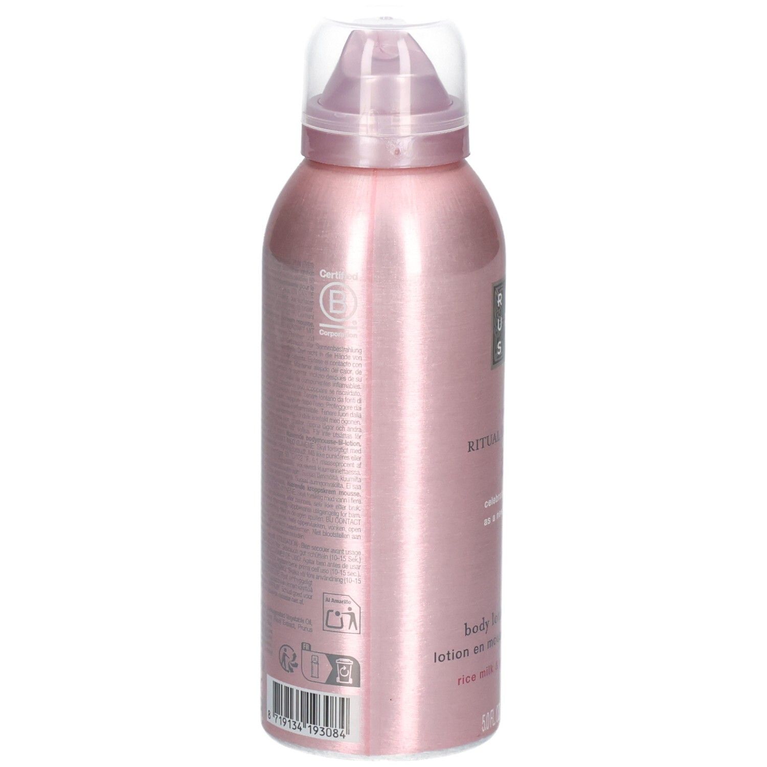 Achterkant van de Rituals Sakura Body Lotion Mousse spuitbus. Bevat ingrediënten en certificeringen.