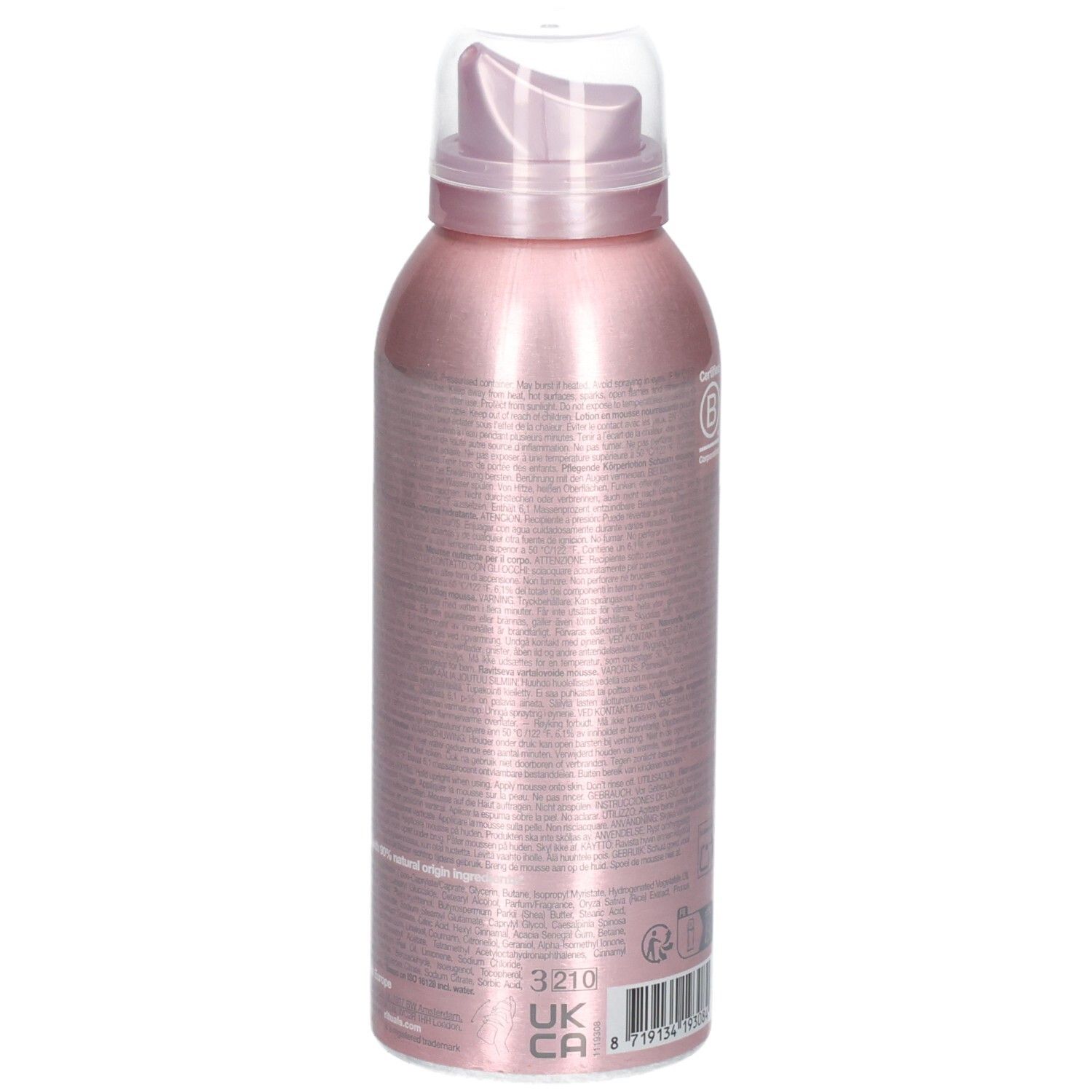 Zijkant van de Rituals Sakura Body Lotion Mousse spuitbus. Roze metallic afwerking met pompje.