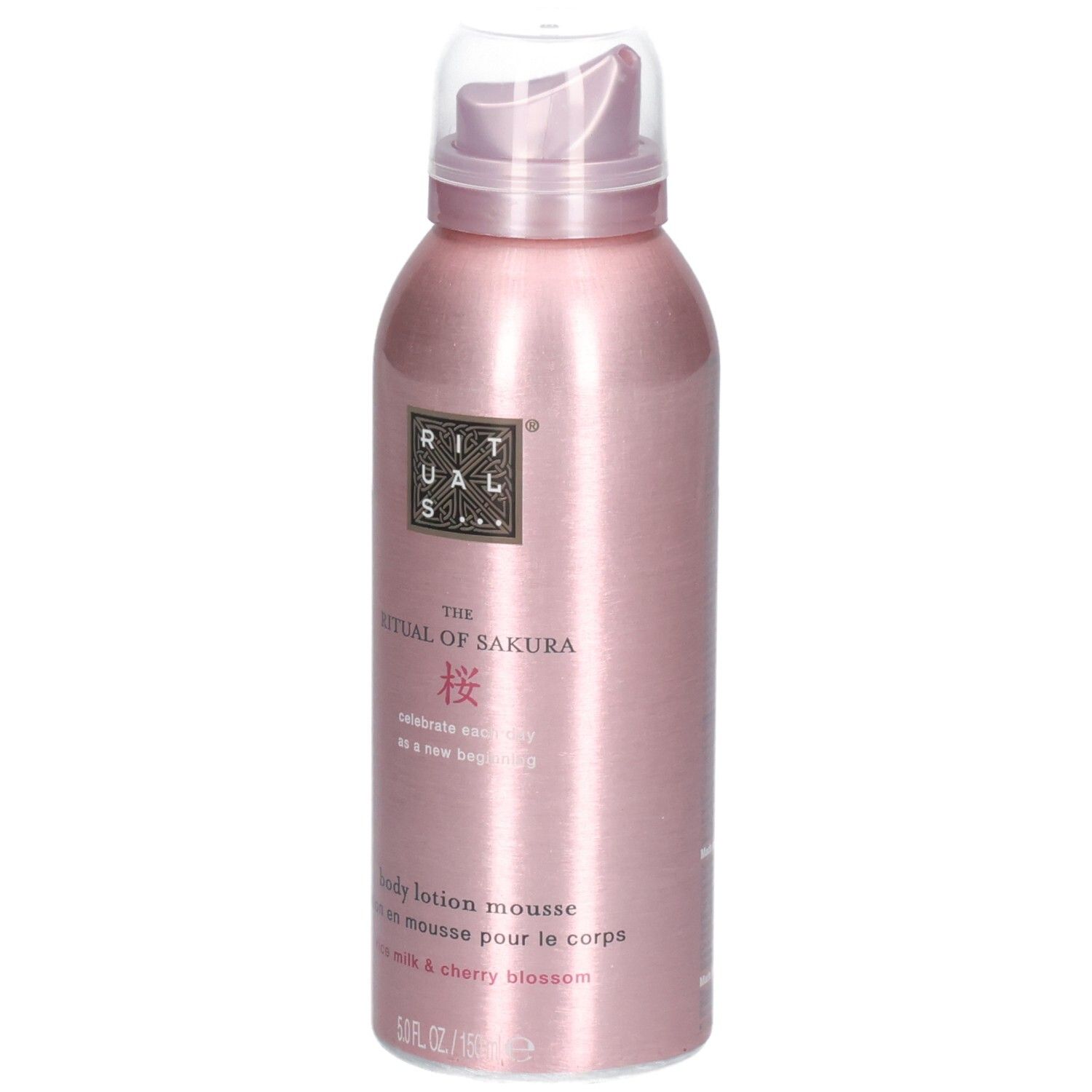 Rituals Sakura Body Lotion Mousse in roze metallic spuitbus. Tekst op de voorkant: 'The Ritual of Sakura', 'body lotion mousse'.