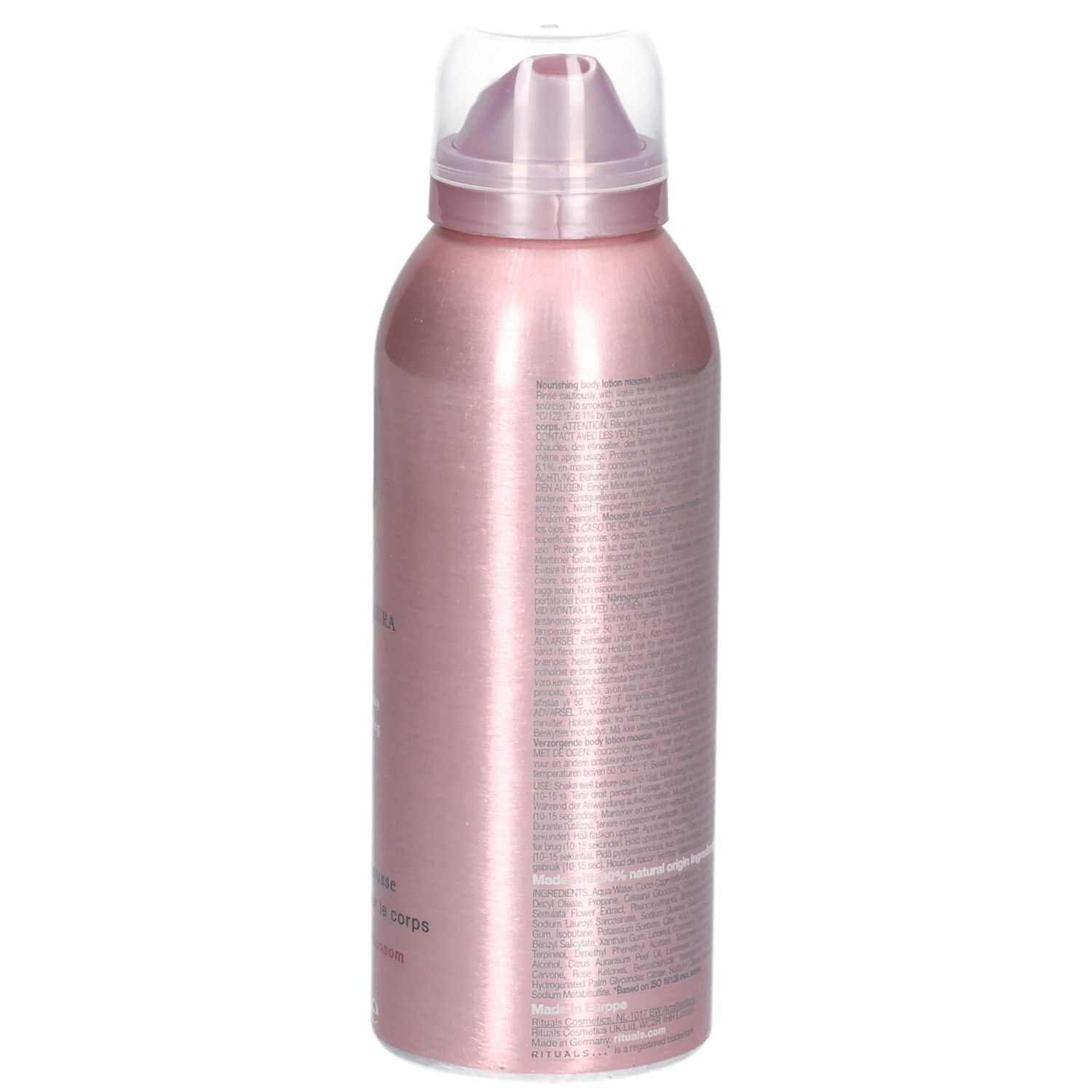 Zijkant van de Rituals Sakura Body Lotion Mousse spuitbus. Roze metallic afwerking met pompje en tekst.