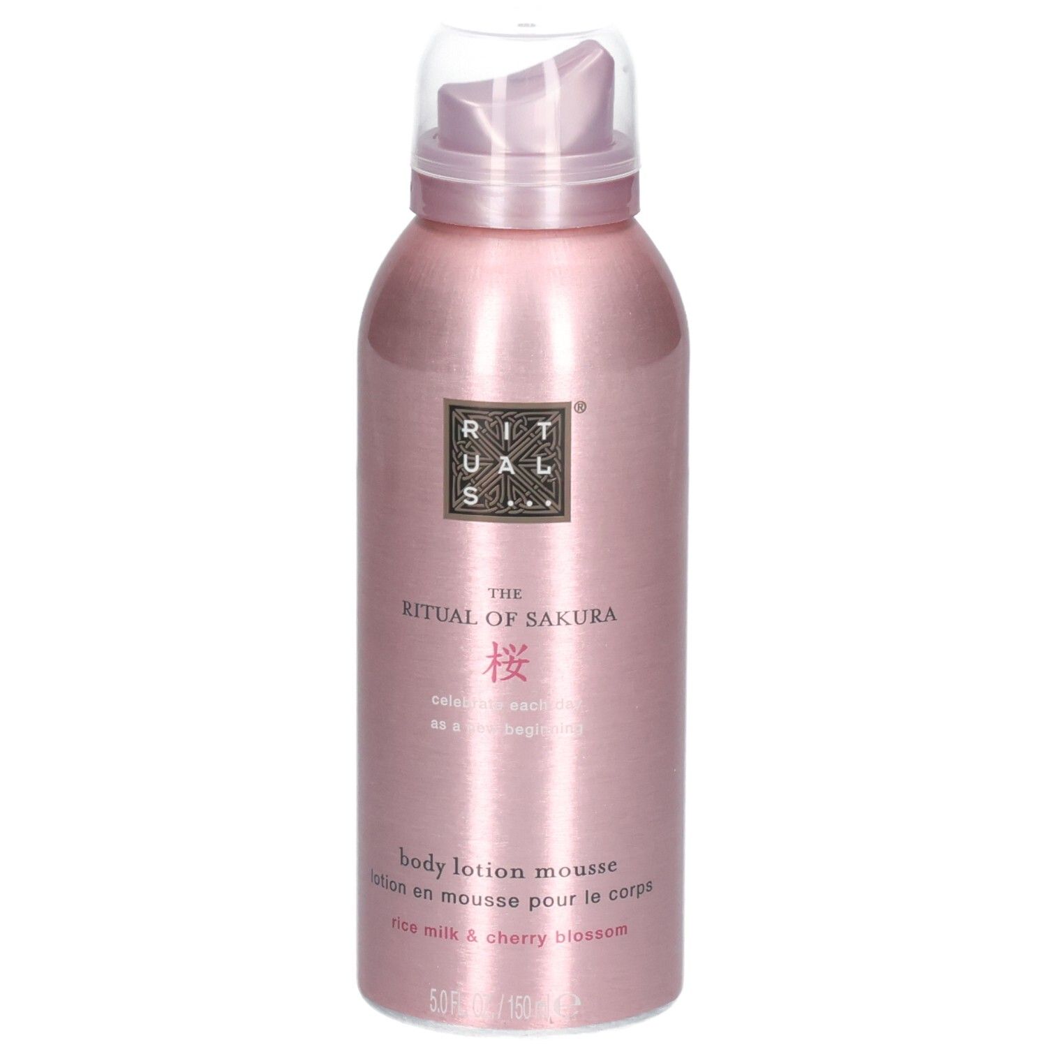 Rituals Sakura Body Lotion Mousse in roze metallic spuitbus. Vooraanzicht met pompje en productinformatie.
