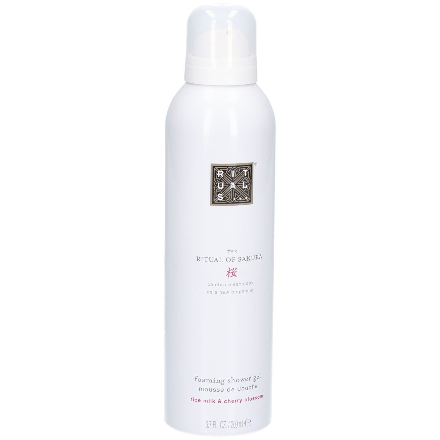 Flacon spray blanc avec pompe, RITUALS The Ritual of Sakura Foaming Shower Gel.