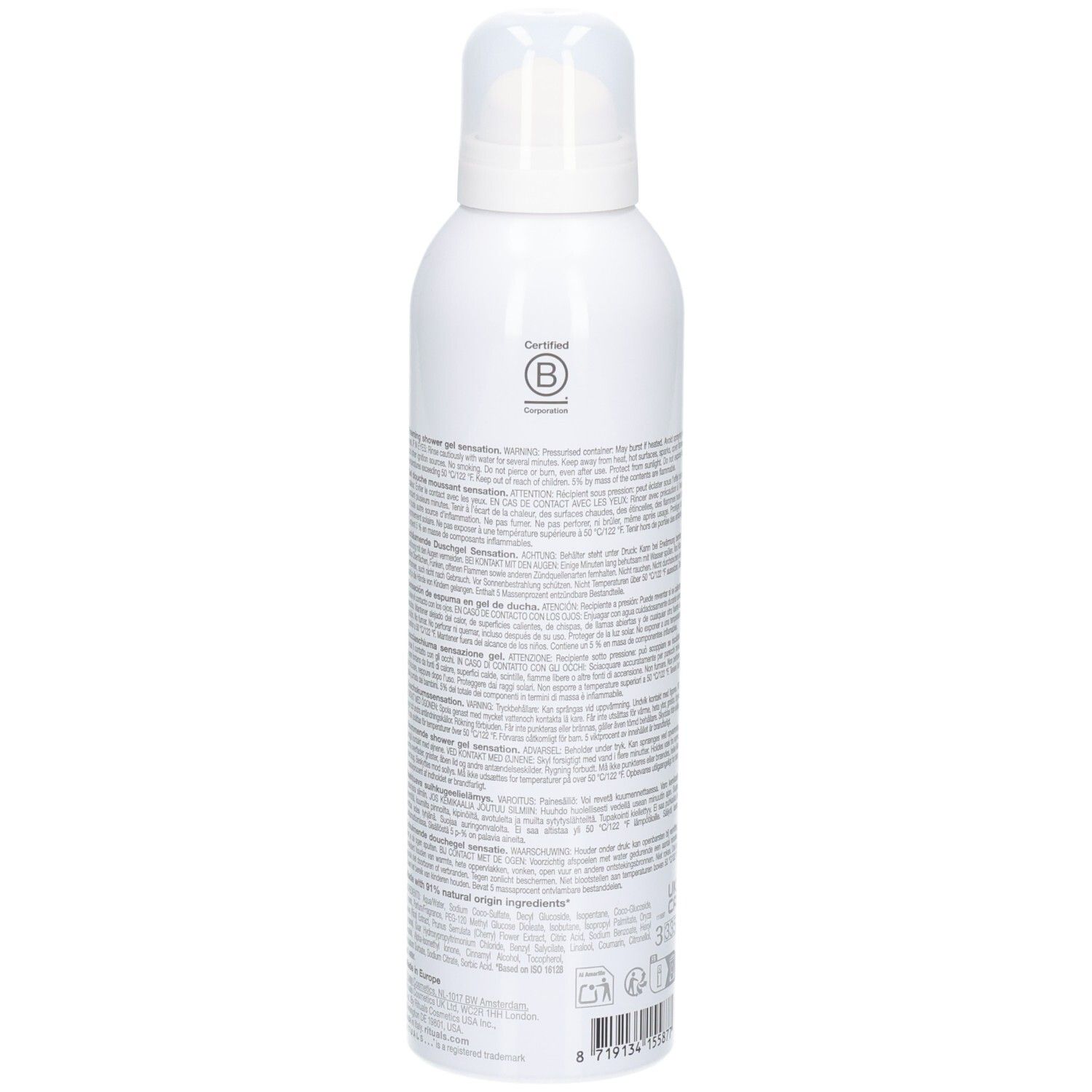 Arrière d'un flacon spray blanc avec sceau et informations produit.