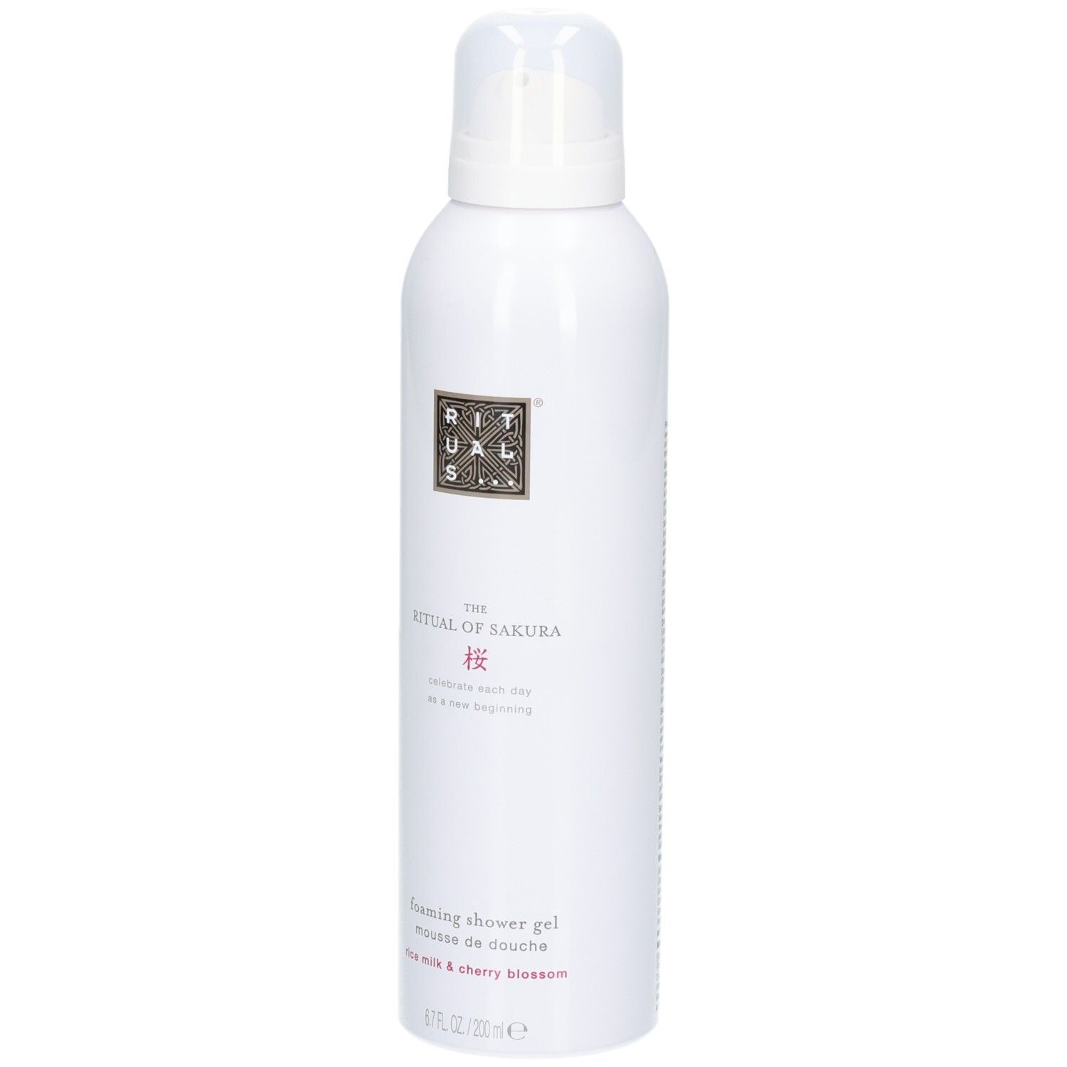 Flacon spray blanc avec pompe, RITUALS The Ritual of Sakura Foaming Shower Gel.