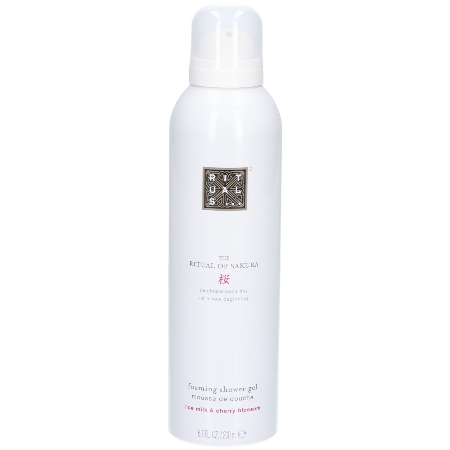 Flacon spray blanc avec pompe, RITUALS The Ritual of Sakura Foaming Shower Gel.