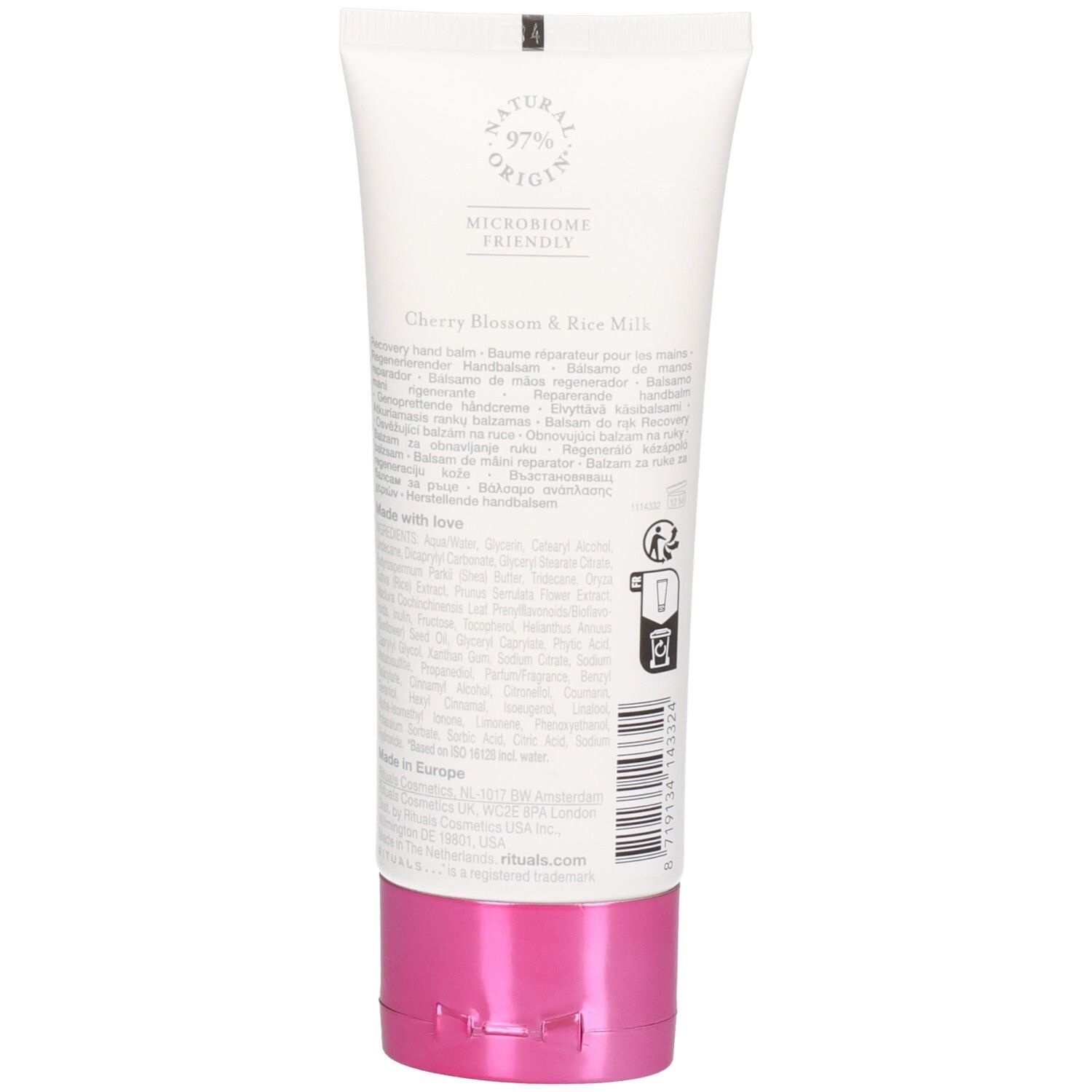 Achterkant van een witte tube met roze dop, bevat ingrediënteninformatie en barcode.