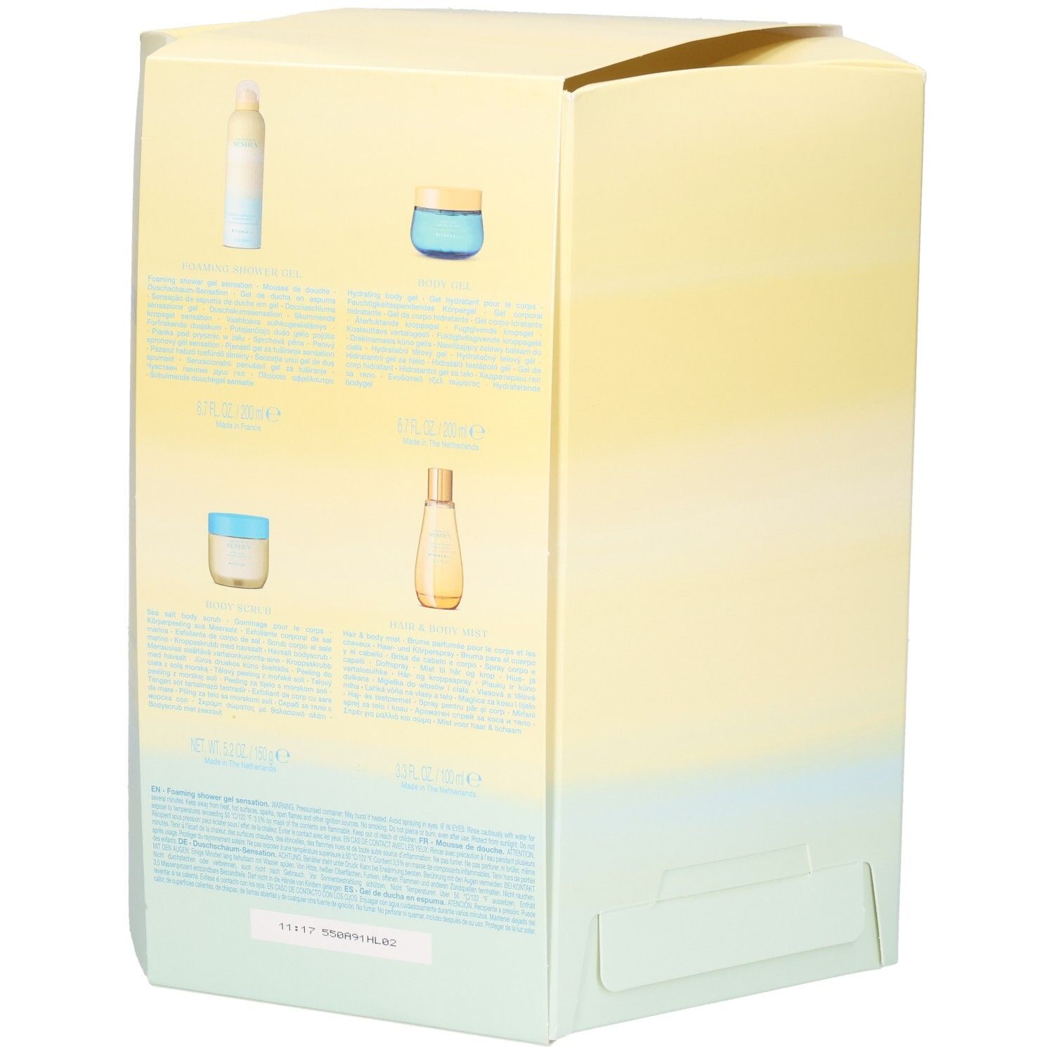 Achterkant van de Rituals of Seshen geschenkset verpakking met productafbeeldingen en tekst.