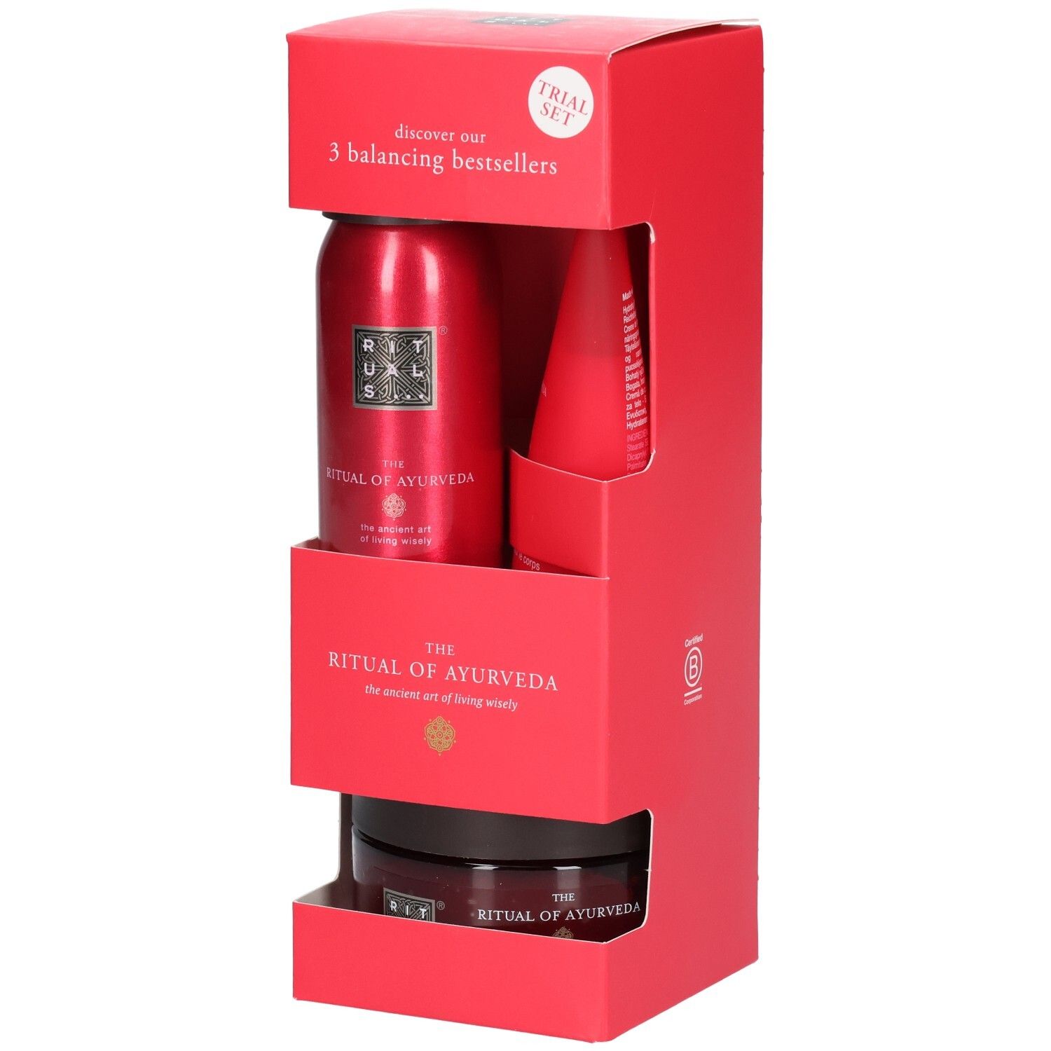 RITUALS Ayurveda proefset met drie producten in rode verpakking.