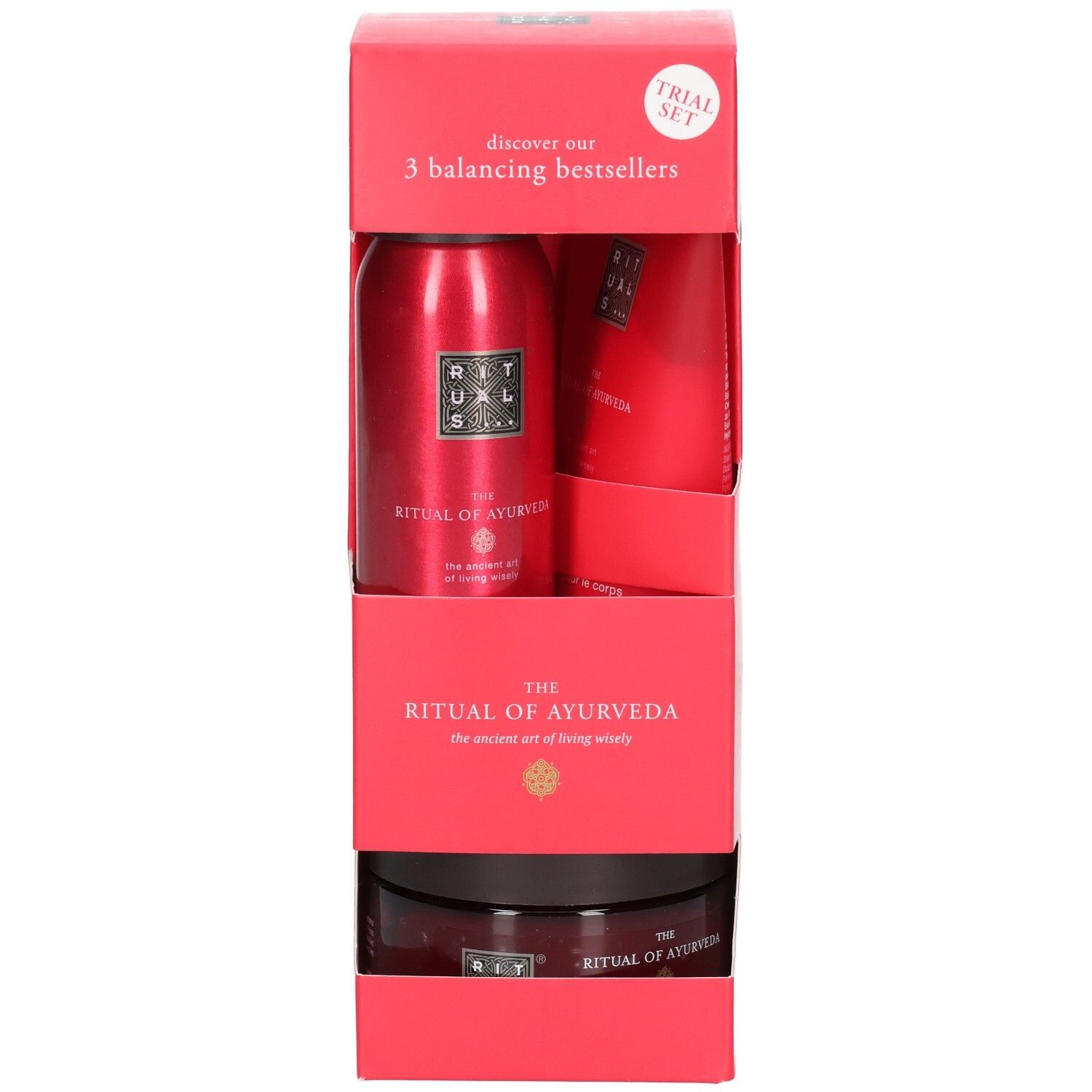 RITUALS Ayurveda proefset, vooraanzicht met drie rode producten.