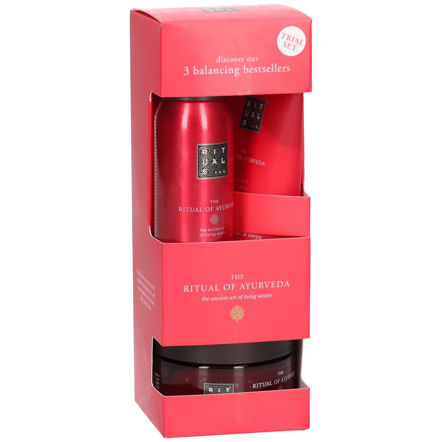 RITUALS Ayurveda proefset, close-up van de rode verpakking en producten.