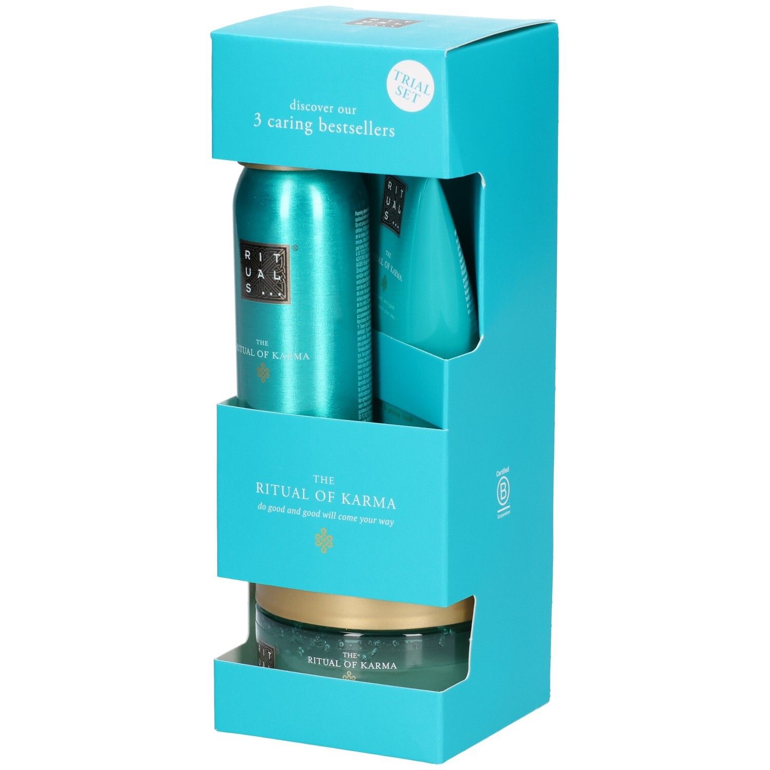 RITUALS Karma proefset: doucheschuim, bodycrème en body scrub in turquoise verpakking.
