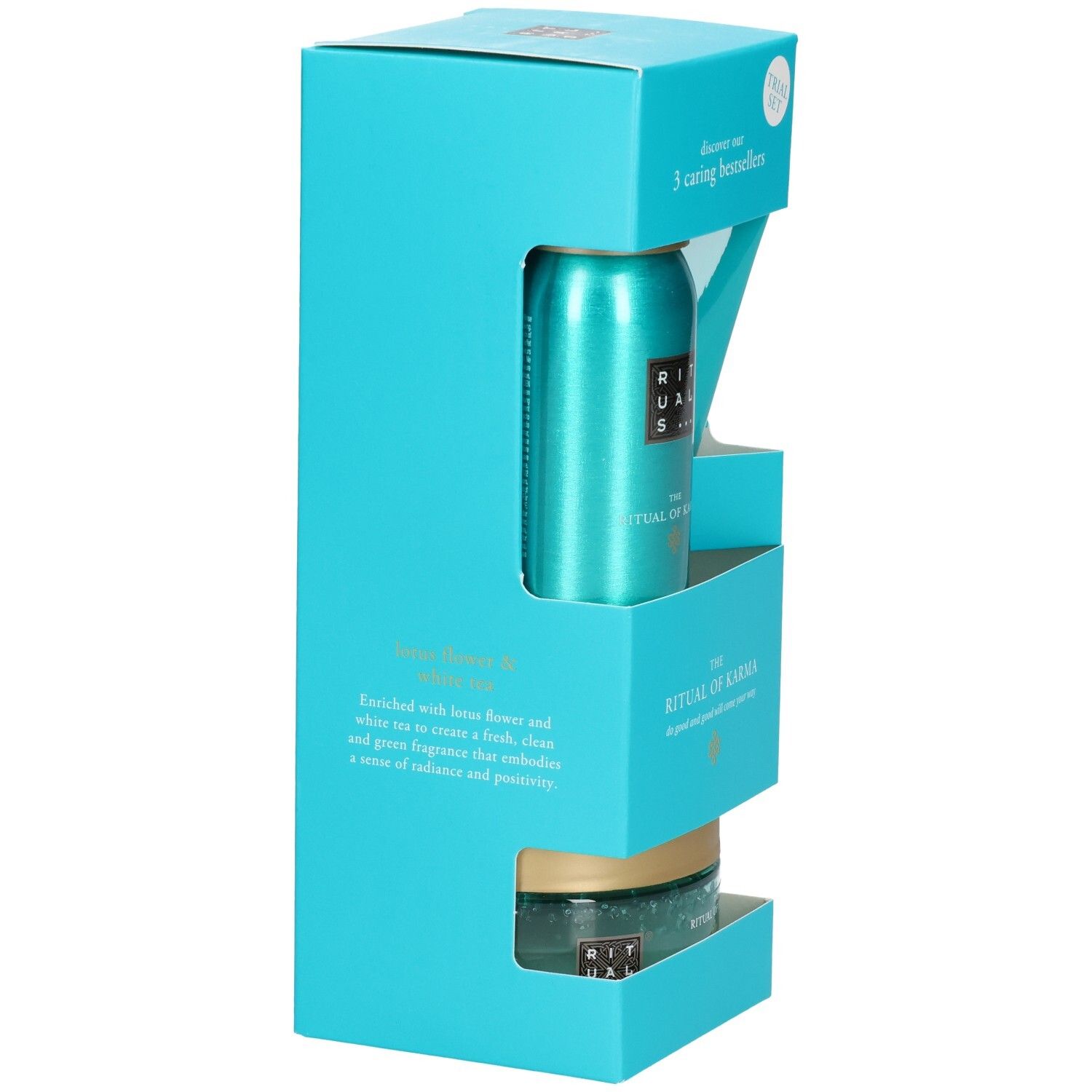 RITUALS Karma proefset: doucheschuim, bodycrème en body scrub, zijaanzicht.