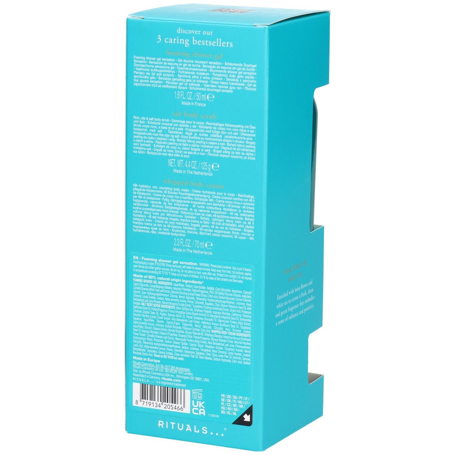 RITUALS Karma proefset: achterkant van de verpakking met productinformatie en barcode.