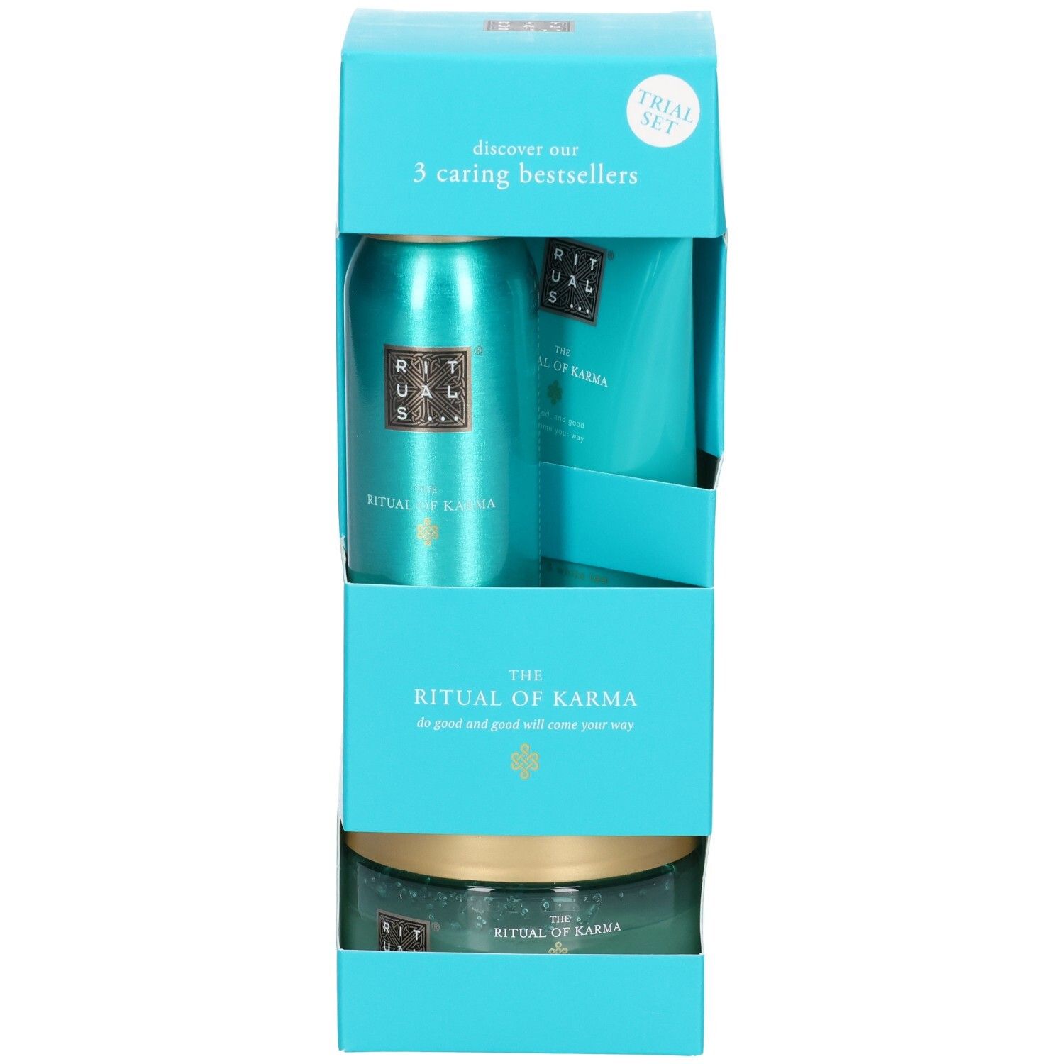 RITUALS Karma proefset: doucheschuim, bodycrème en body scrub in turquoise verpakking.