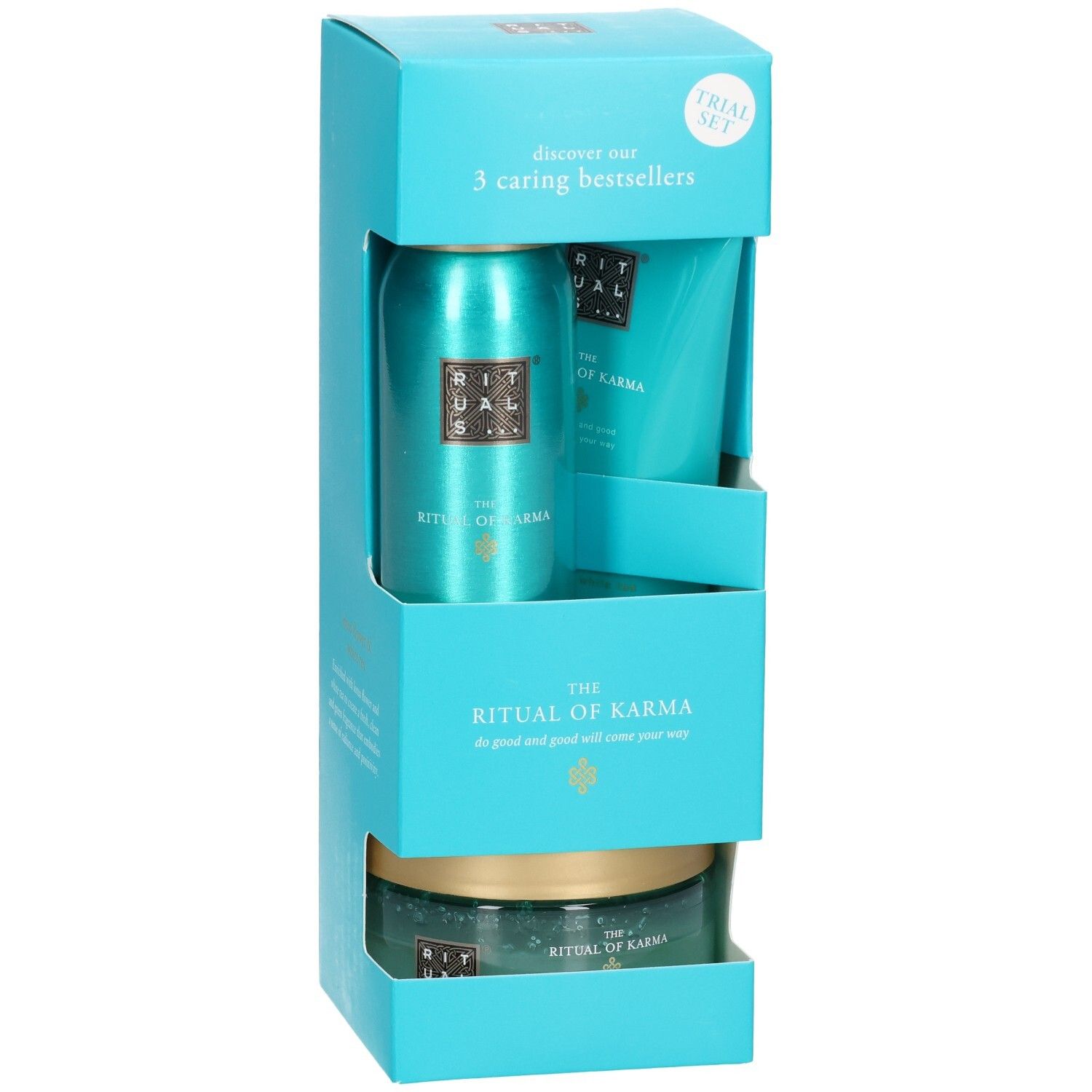 RITUALS Karma proefset: doucheschuim, bodycrème en body scrub in turquoise verpakking.