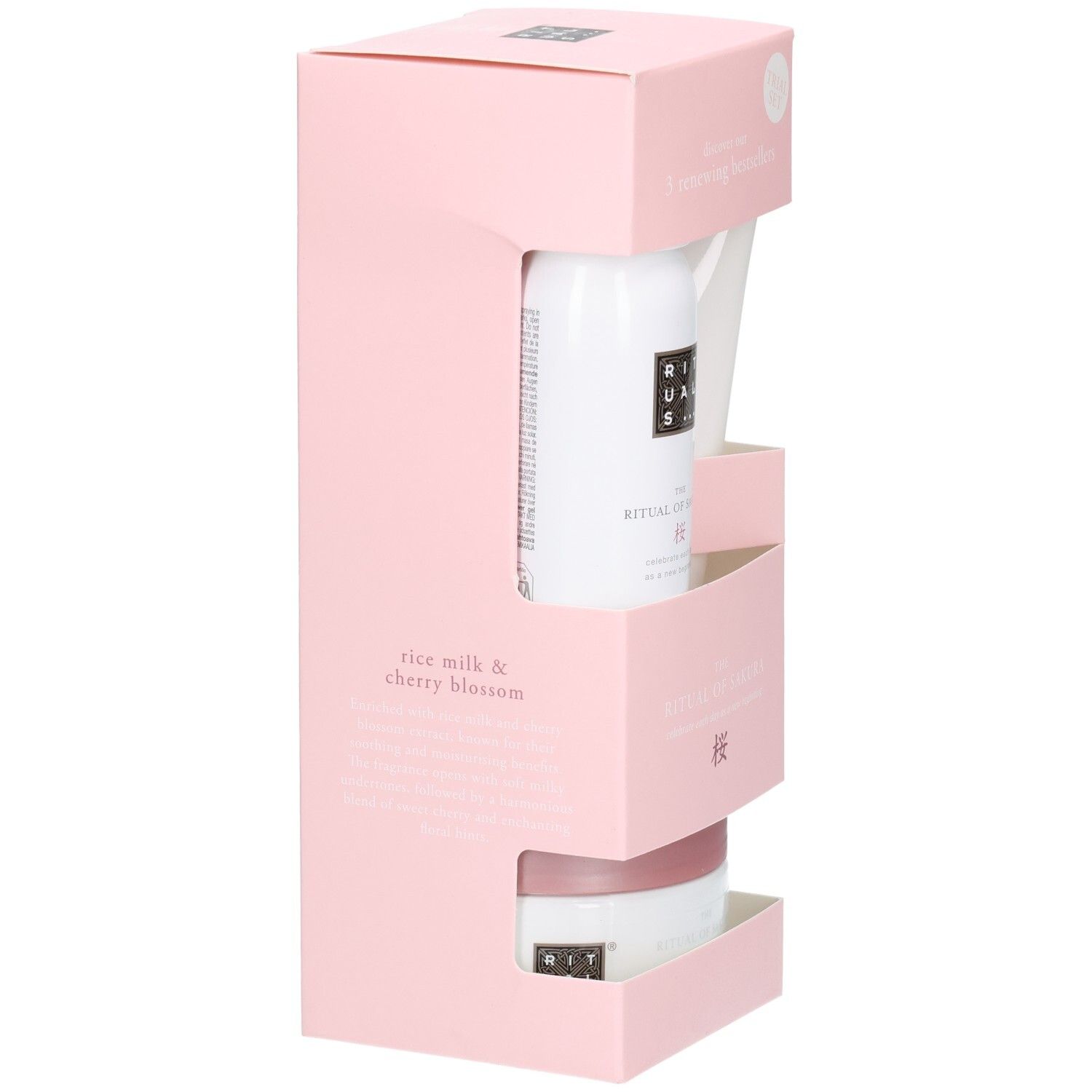 Rituals The Ritual of Sakura Set, achterkant met productinformatie en kersenbloesem symbool.