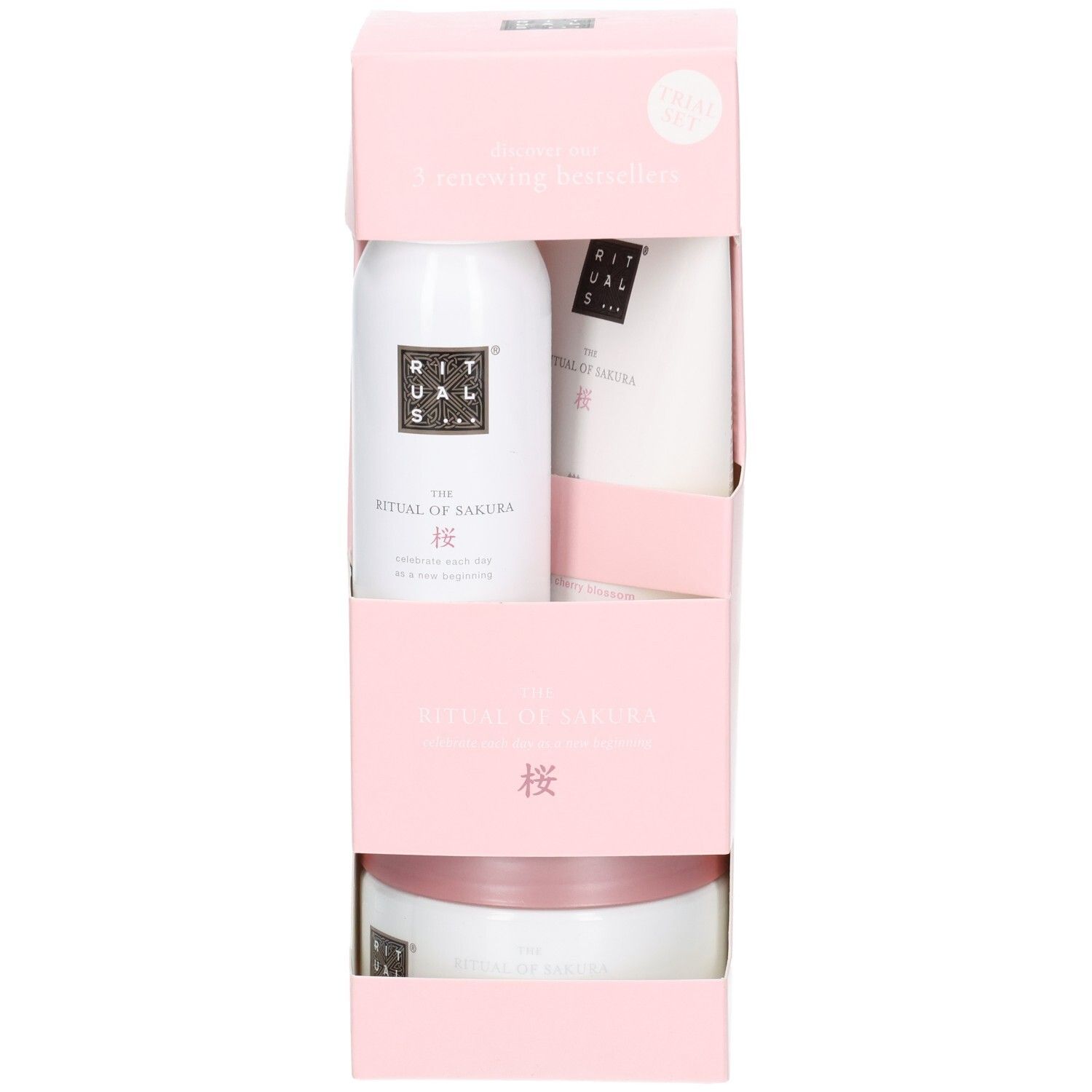 Rituals The Ritual of Sakura Set, vooraanzicht met drie producten in roze verpakking.
