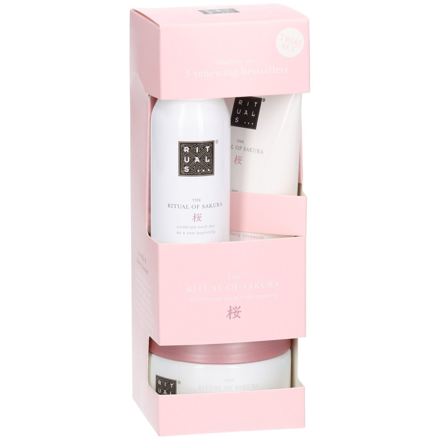 Rituals The Ritual of Sakura Set, close-up van de producten in de roze verpakking.