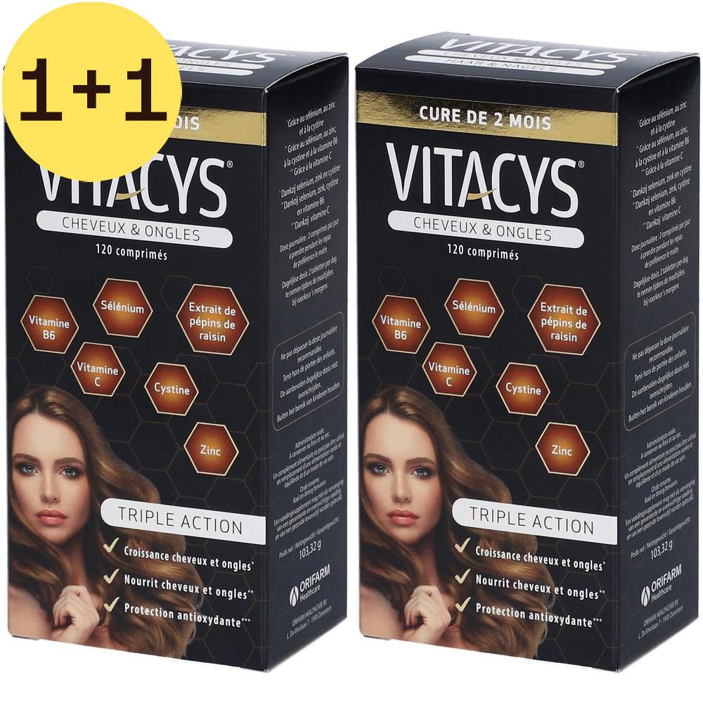 Deux boîtes de Vitacys. Emballage noir avec nom du produit, ingrédients et image d'une femme aux cheveux longs. 120 comprimés.
