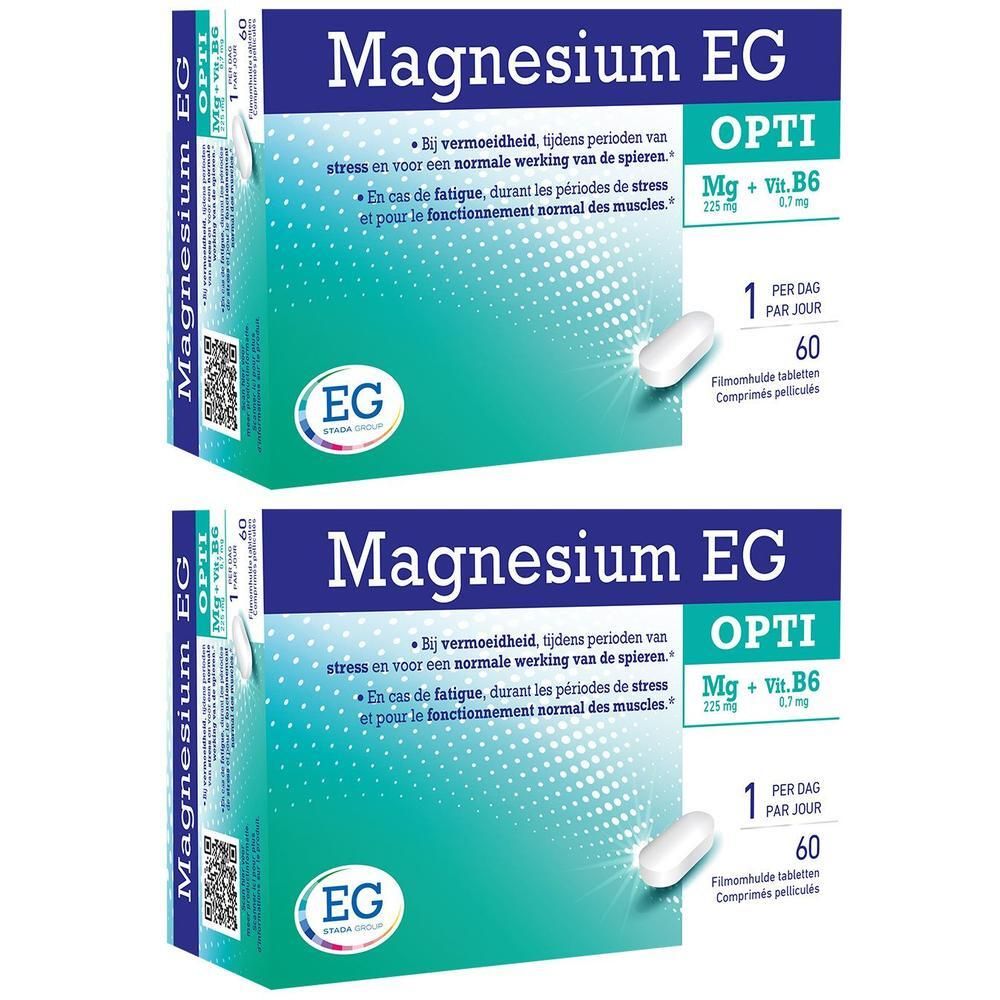 Twee verpakkingen Magnesium EG OPTI. Blauwe verpakking met witte tabletten. Bevat magnesium en vitamine B6.