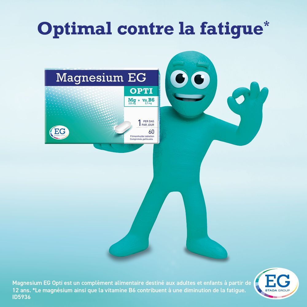 Personnage tenant une boîte de Magnesium EG OPTI. Emballage bleu avec comprimés blancs. 60 comprimés.