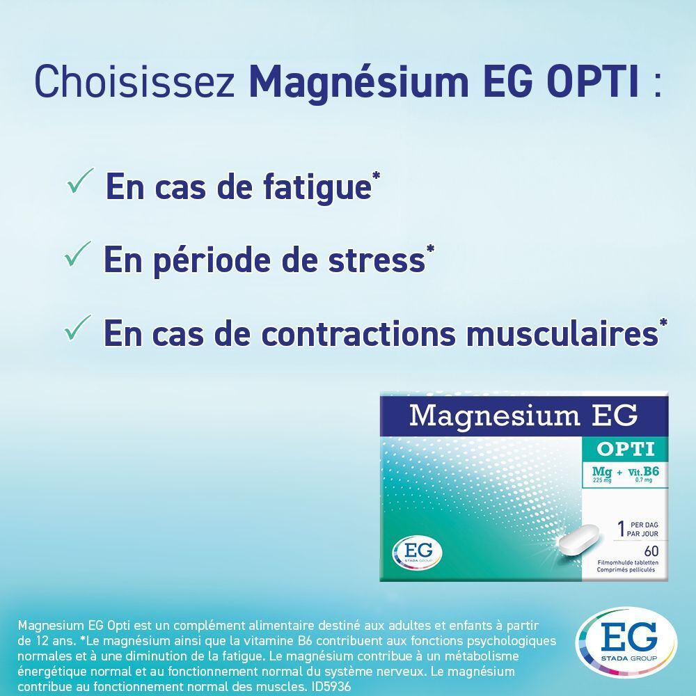 Texte avec les avantages de Magnesium EG OPTI. Boîte bleue avec comprimés blancs. 60 comprimés.