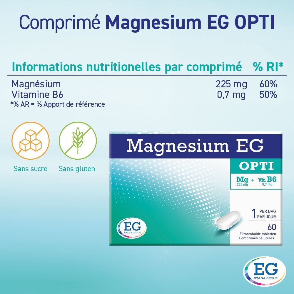 Informations nutritionnelles par comprimé Magnesium EG OPTI. Boîte bleue avec comprimés blancs. 60 comprimés.
